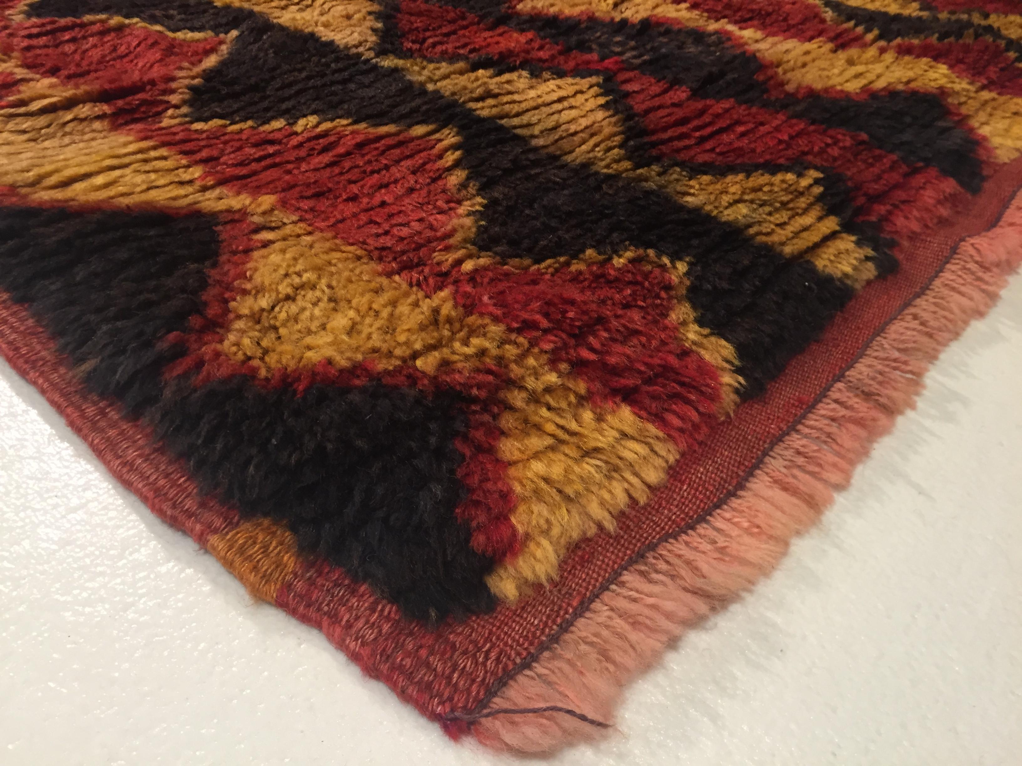 20th Century Red Black and Yellow Wool Geometric Turkish Tribal Tulu Rug For Sale 1