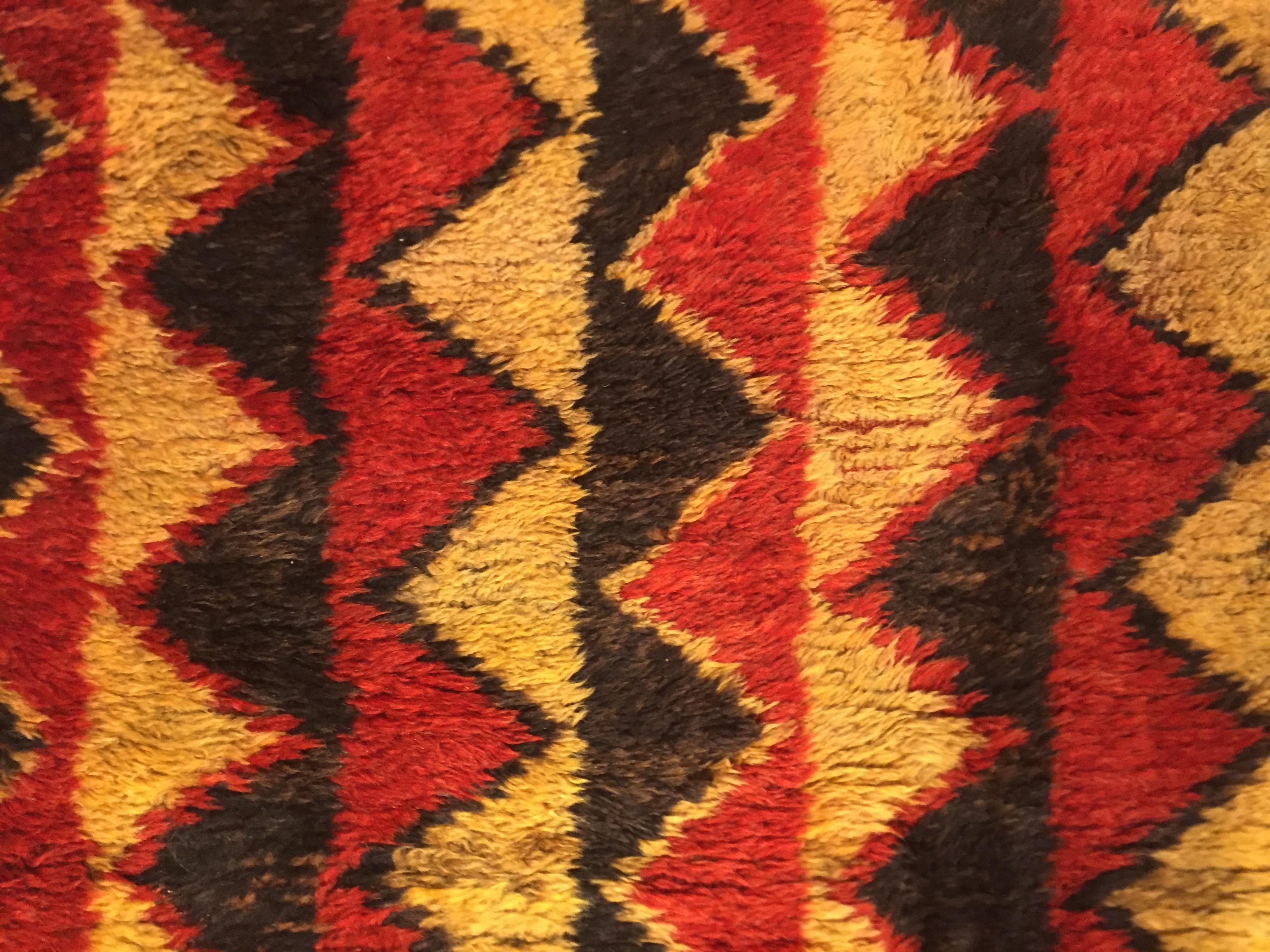 20th Century Red Black and Yellow Wool Geometric Turkish Tribal Tulu Rug For Sale 4
