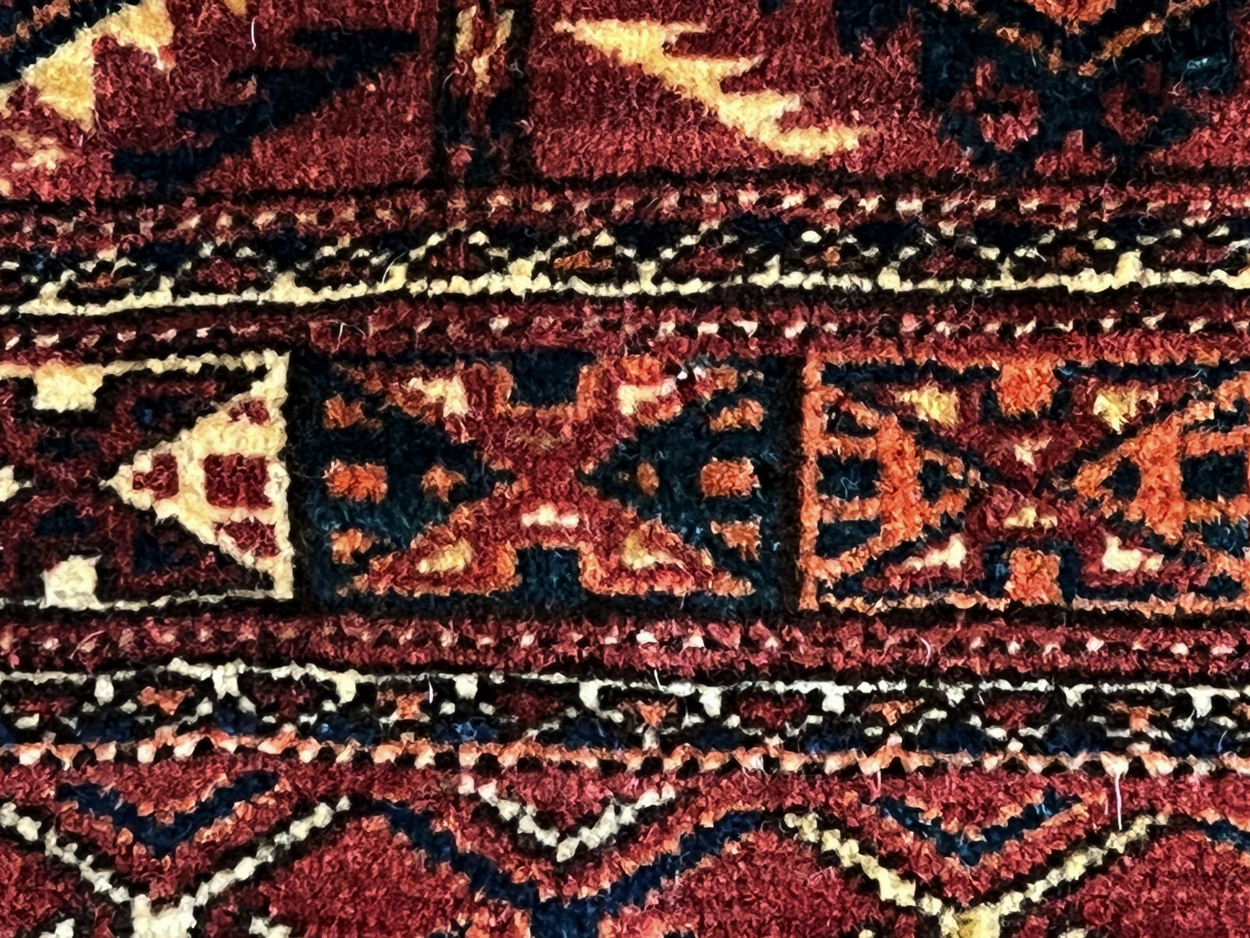 Wool 20th Century Red Blu Geometric MultiBorders Turkmenistan Rug, ca 1910 For Sale
