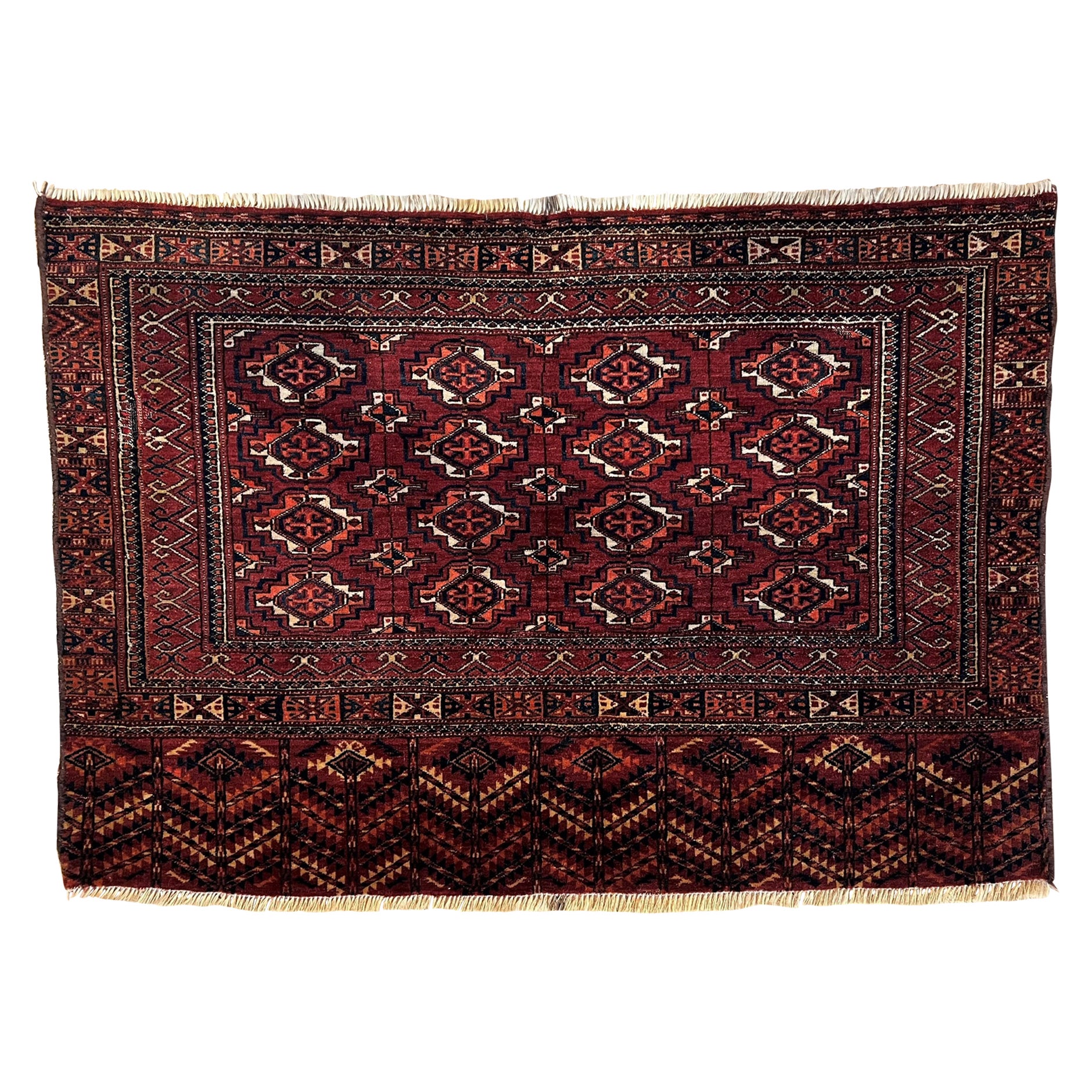 Tapis du Turkmenistan à motifs géométriques multicolores rouges et bleus du 20ème siècle, vers 1910