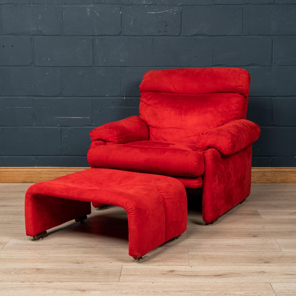 A beautiful “Coronado“ armchair and footstool by Tobia Scarpa for B&B Italia, made in Italy around the latter part of the 20th century. Finished in a very rare red suede leather, it comes with its matching red footstool. A lovely way to bring colour