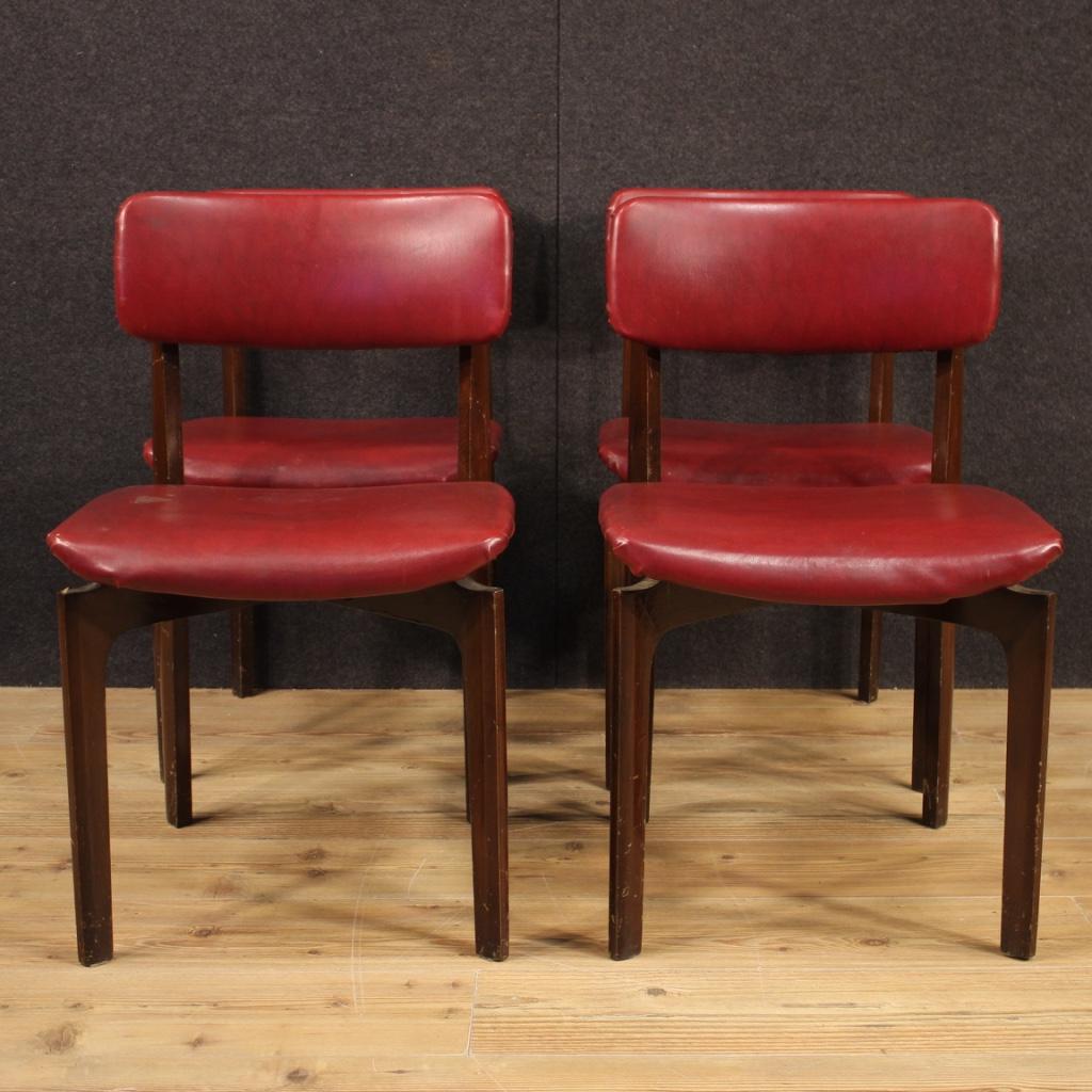 Group of Italian design chairs from the 1970s-1980s. Carved furniture in beechwood covered in faux leather on the seat and back (see photo). Comfortable chairs with 46 cm seat height. Pleasant furniture, for antique dealers and interior designers,