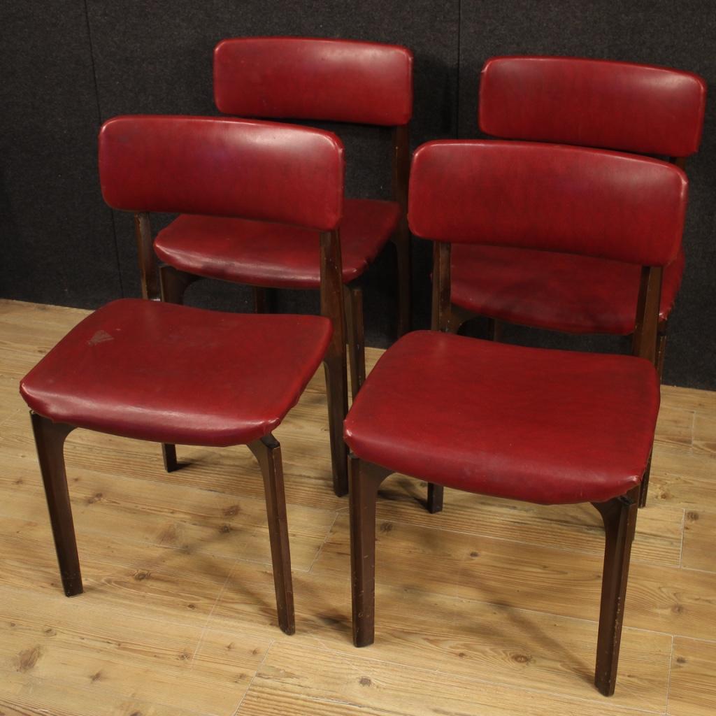 20th Century Red Faux Leather and Beech Wood Italian Design 4 Chairs, 1970 In Good Condition In Vicoforte, Piedmont