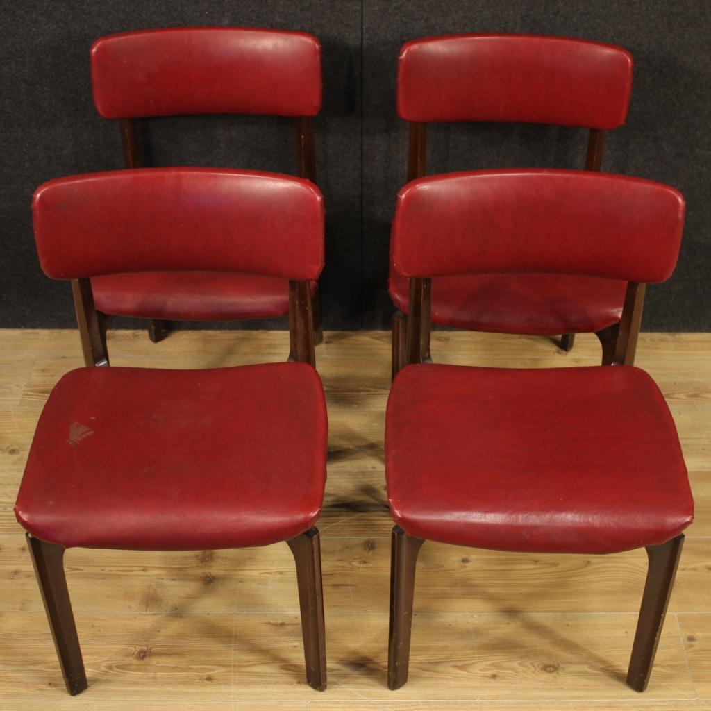 20th Century Red Faux Leather and Beech Wood Italian Design 4 Chairs, 1970 1