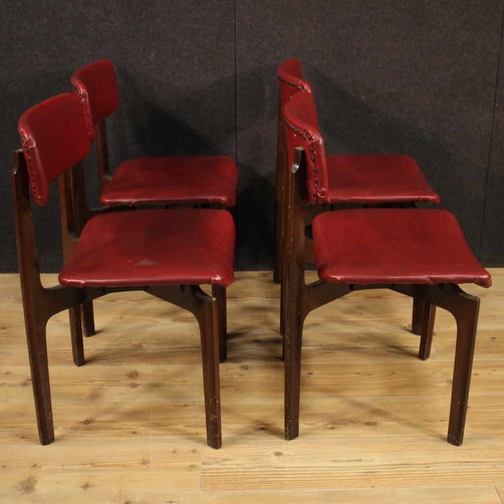 20th Century Red Faux Leather and Beech Wood Italian Design 4 Chairs, 1970 2