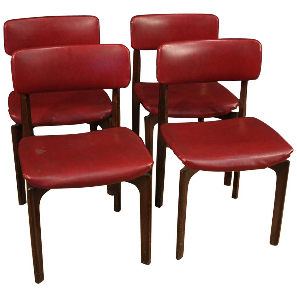 20th Century Red Faux Leather and Beech Wood Italian Design 4 Chairs, 1970