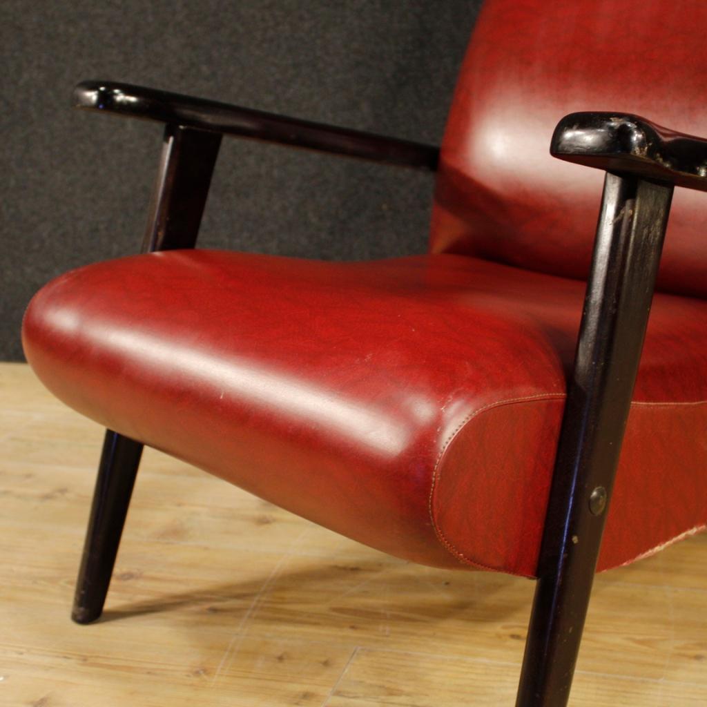 20th Century Red Faux Leather and Ebonized Wood Italian Design Armchair, 1970 For Sale 1