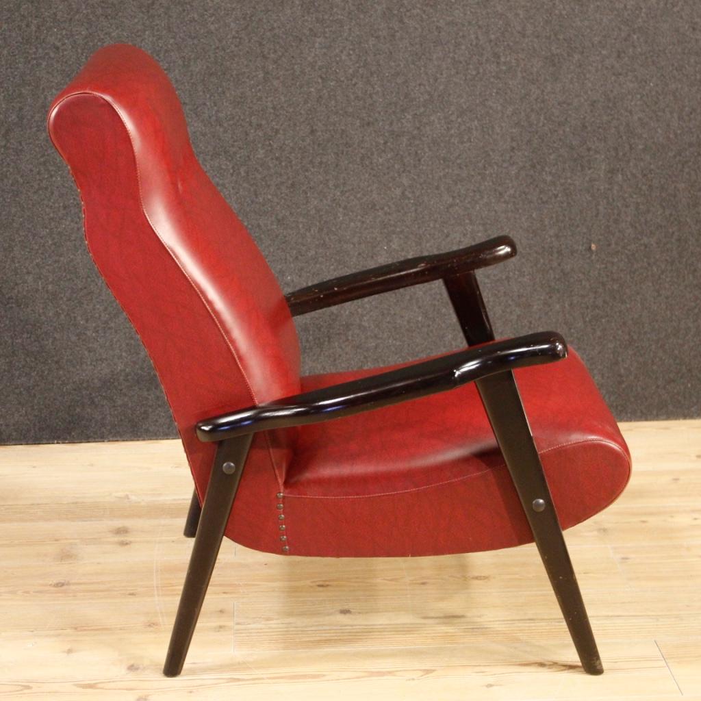 20th Century Red Faux Leather and Ebonized Wood Italian Design Armchair, 1970 For Sale 2