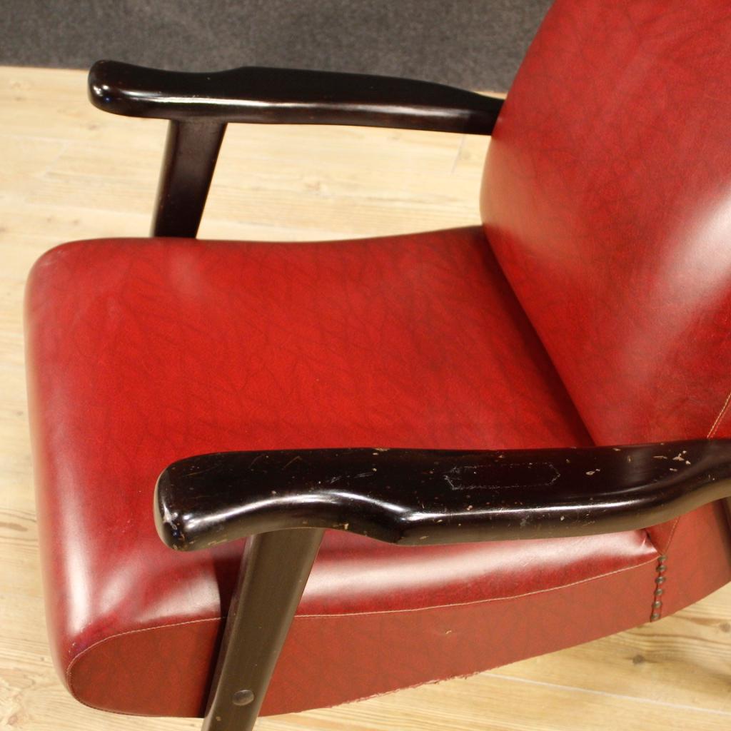 20th Century Red Faux Leather and Ebonized Wood Italian Design Armchair, 1970 For Sale 4