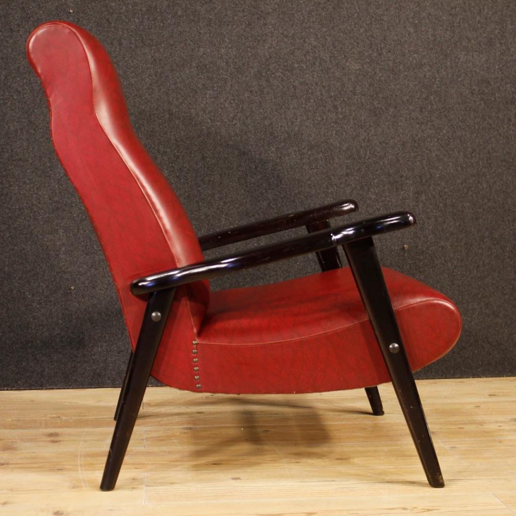 20th Century Red Faux Leather and Ebonized Wood Italian Design Armchair, 1970 For Sale 5