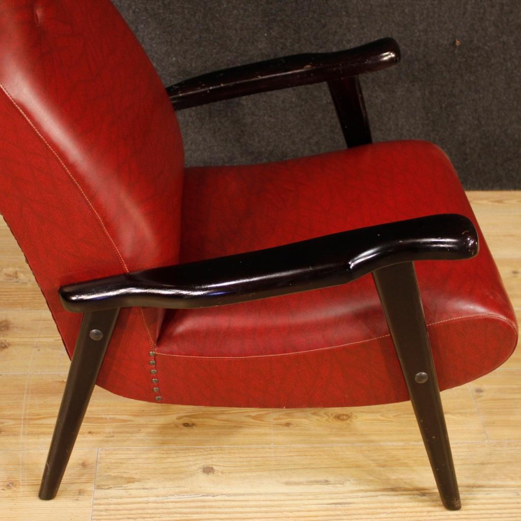 20th Century Red Faux Leather and Ebonized Wood Italian Design Armchair, 1970 For Sale 6