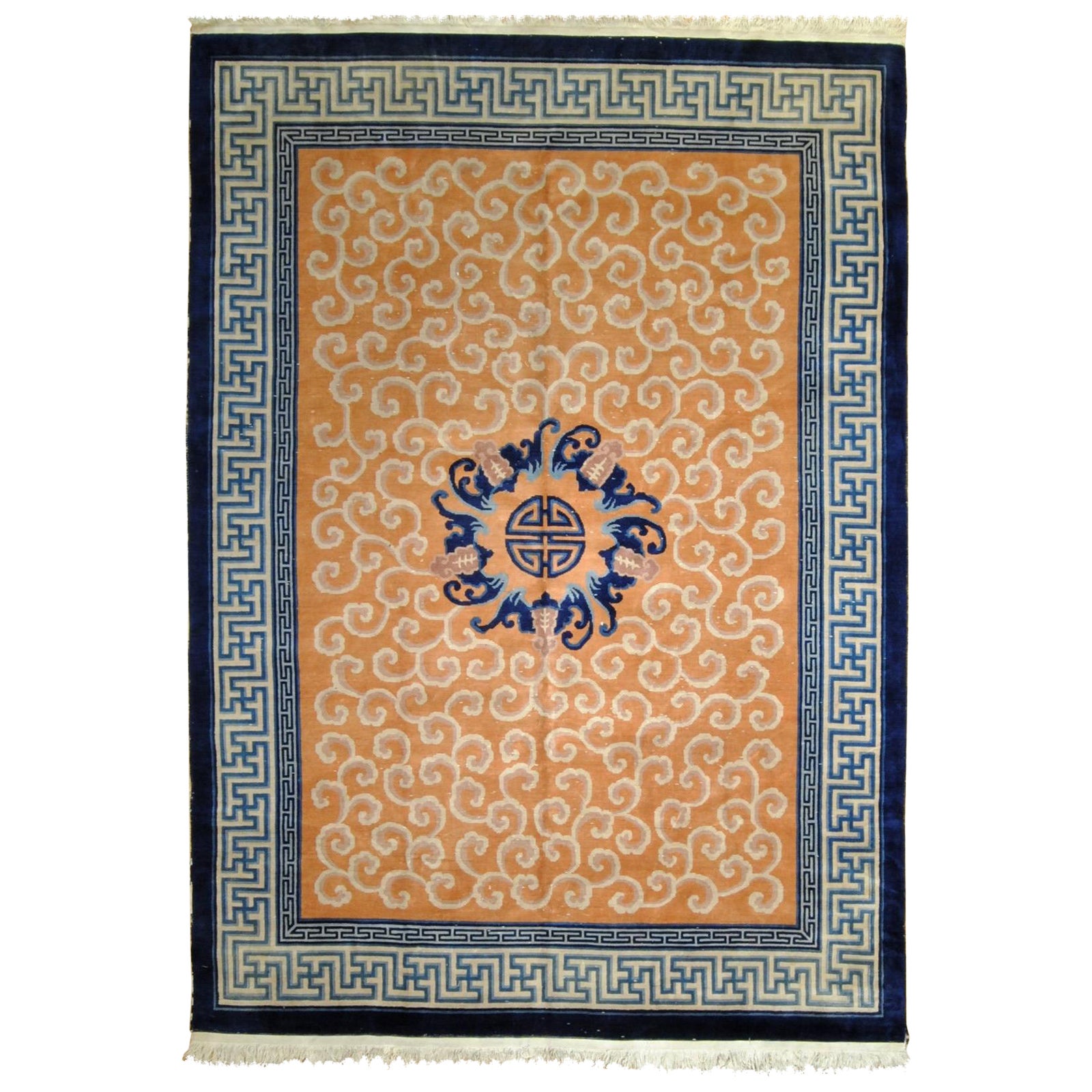 20th Century Red Field Blue border and White Clouds Chinese Peking Rug, ca 1970