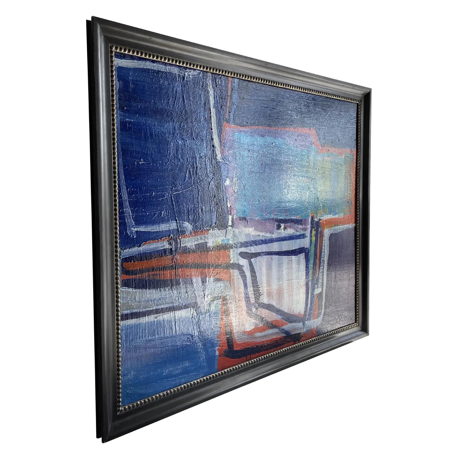 Une huile sur bois abstraite française du milieu du siècle dernier, bleu foncé, rouge, représentant un champ de couleurs, peinte par Daniel Condit en bon état. Signé en bas à droite. Usure conforme à l'âge et à l'utilisation. Daté de 1976 - 1977,