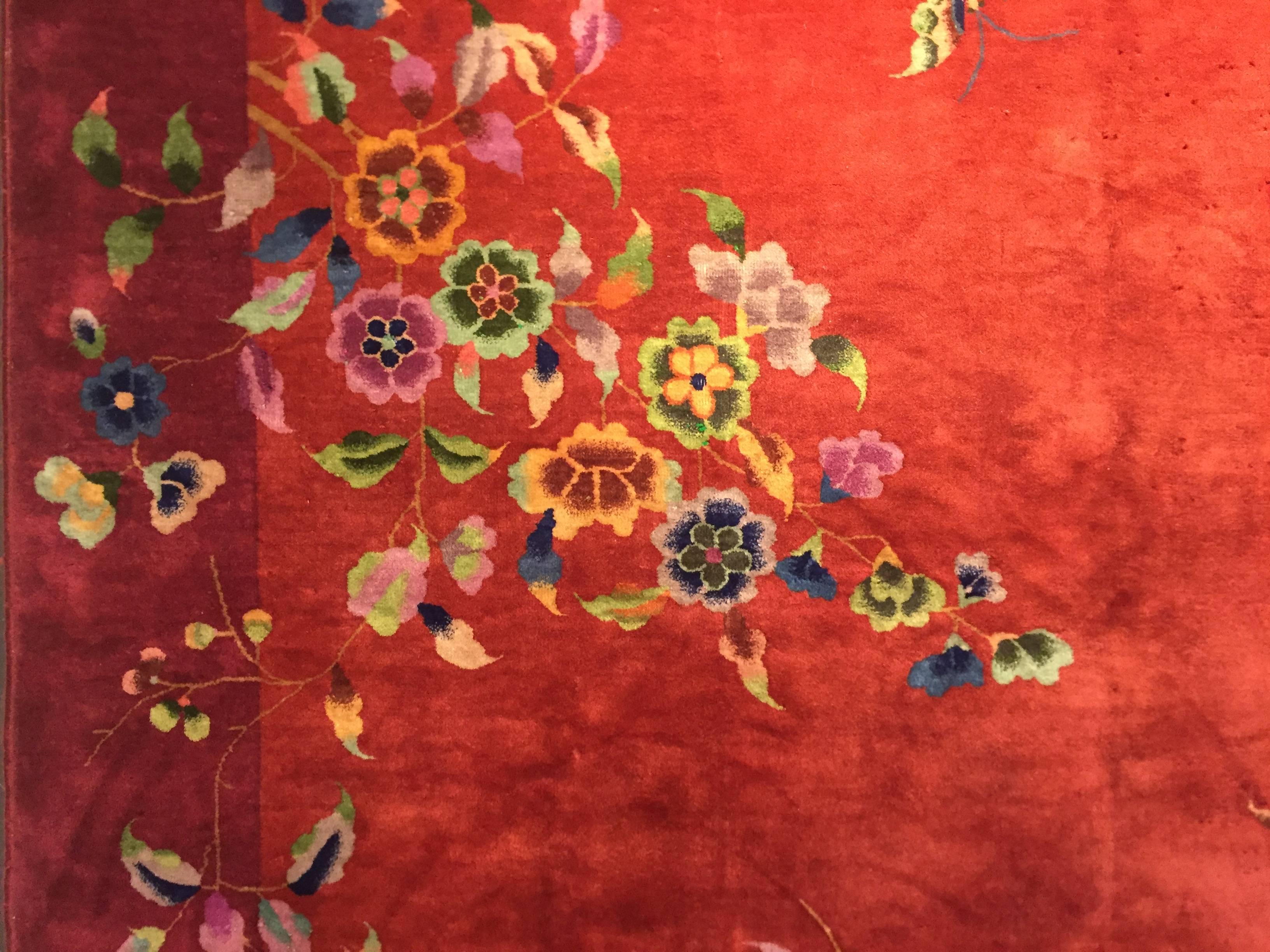 20th Century Red In Wool Art Deco Nichols Design Chinese Rug, 1920-1940 7