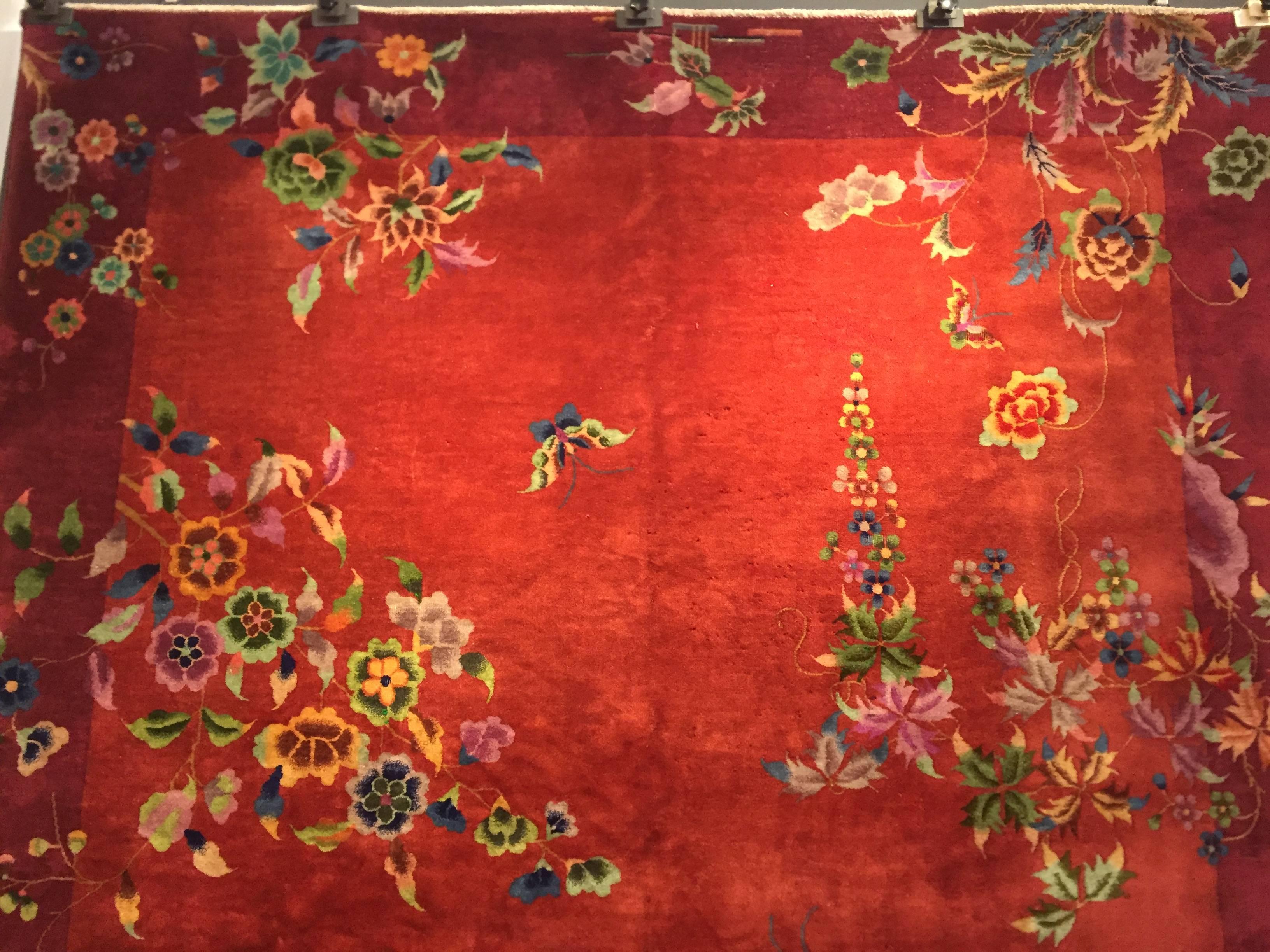 20th Century Red In Wool Art Deco Nichols Design Chinese Rug, 1920-1940 11