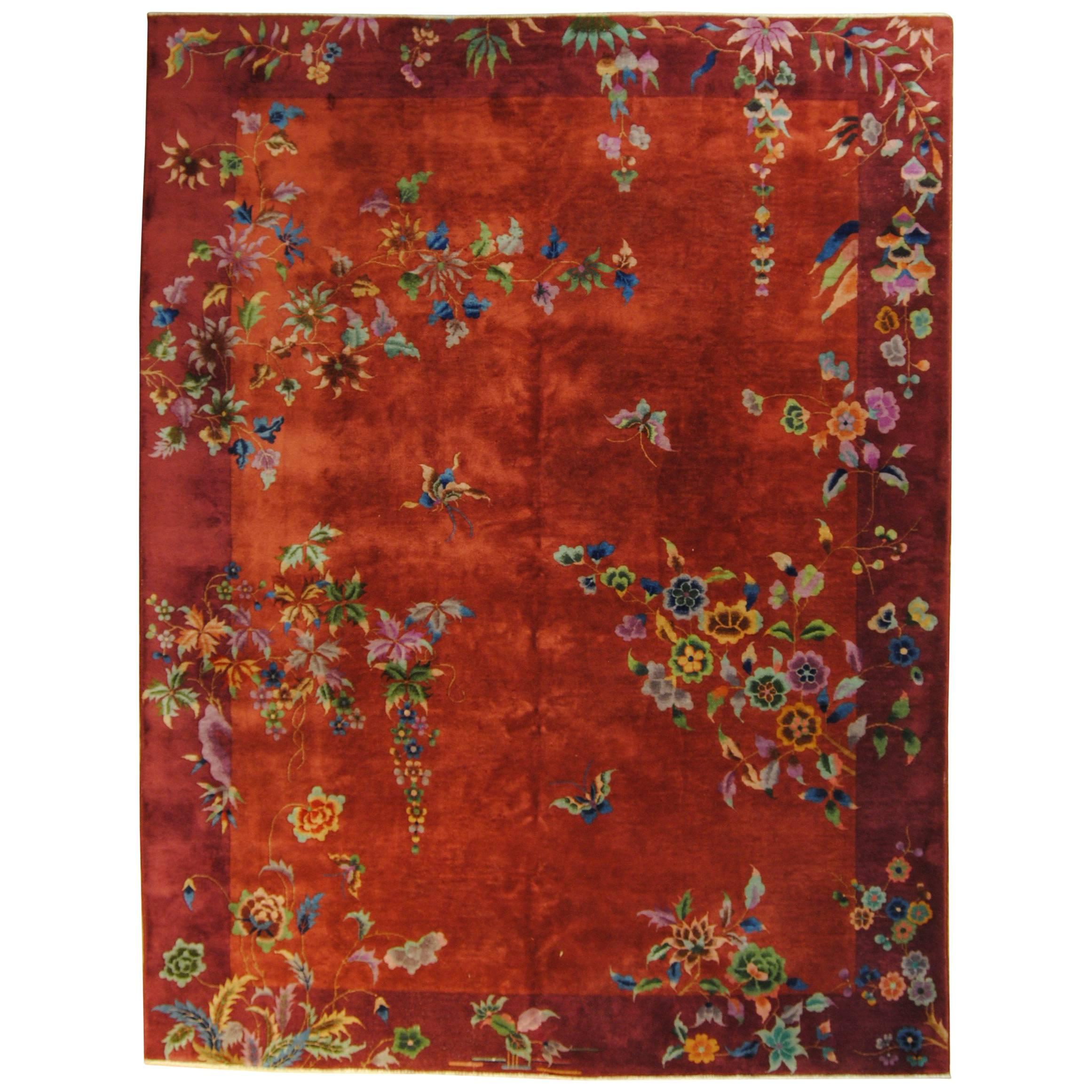 20th Century Red In Wool Art Deco Nichols Design Chinese Rug, 1920-1940