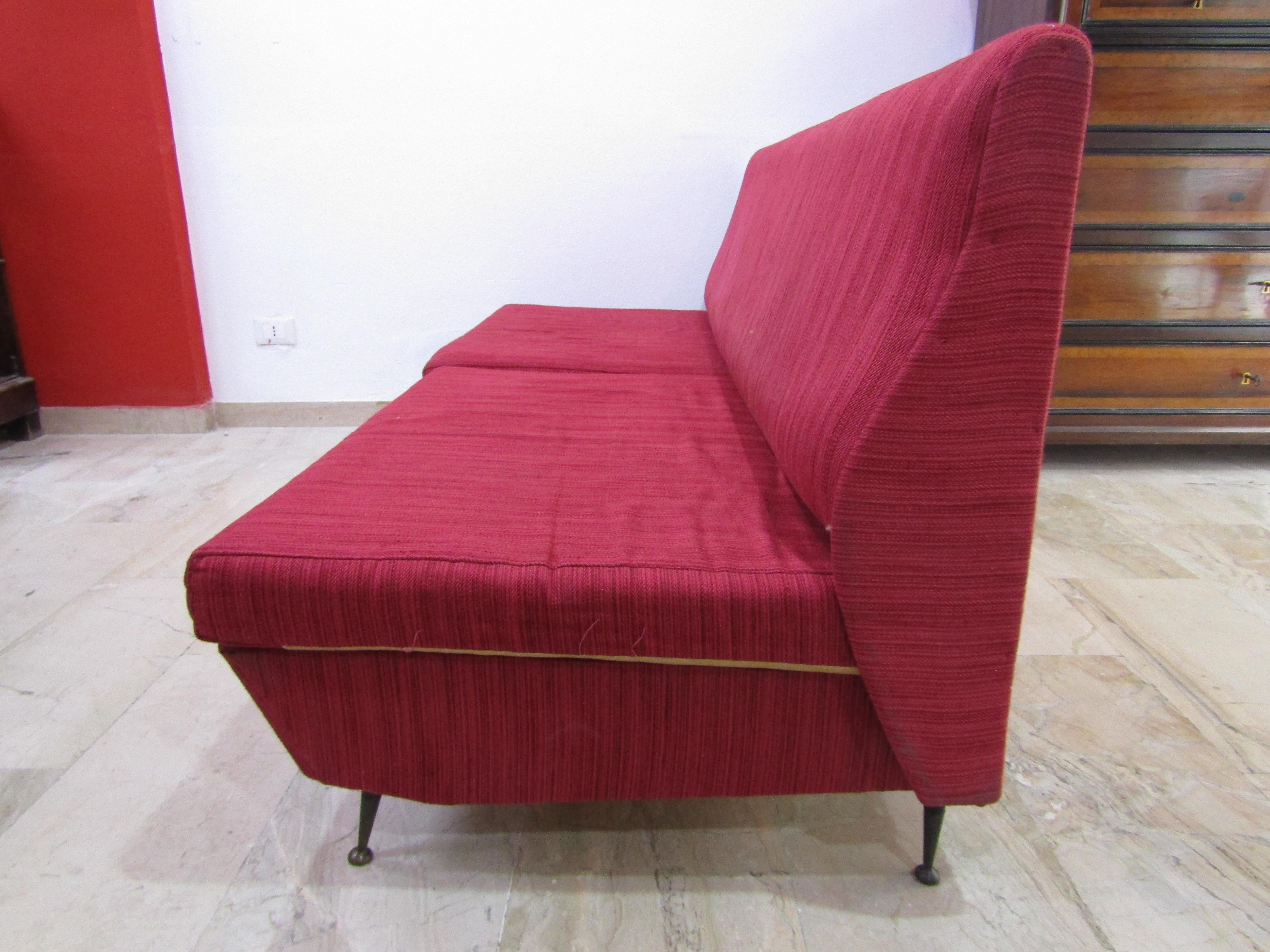 midcentury  Red Italian Design Fabric Marco Zanuso Style Sofa, 1950 For Sale 6