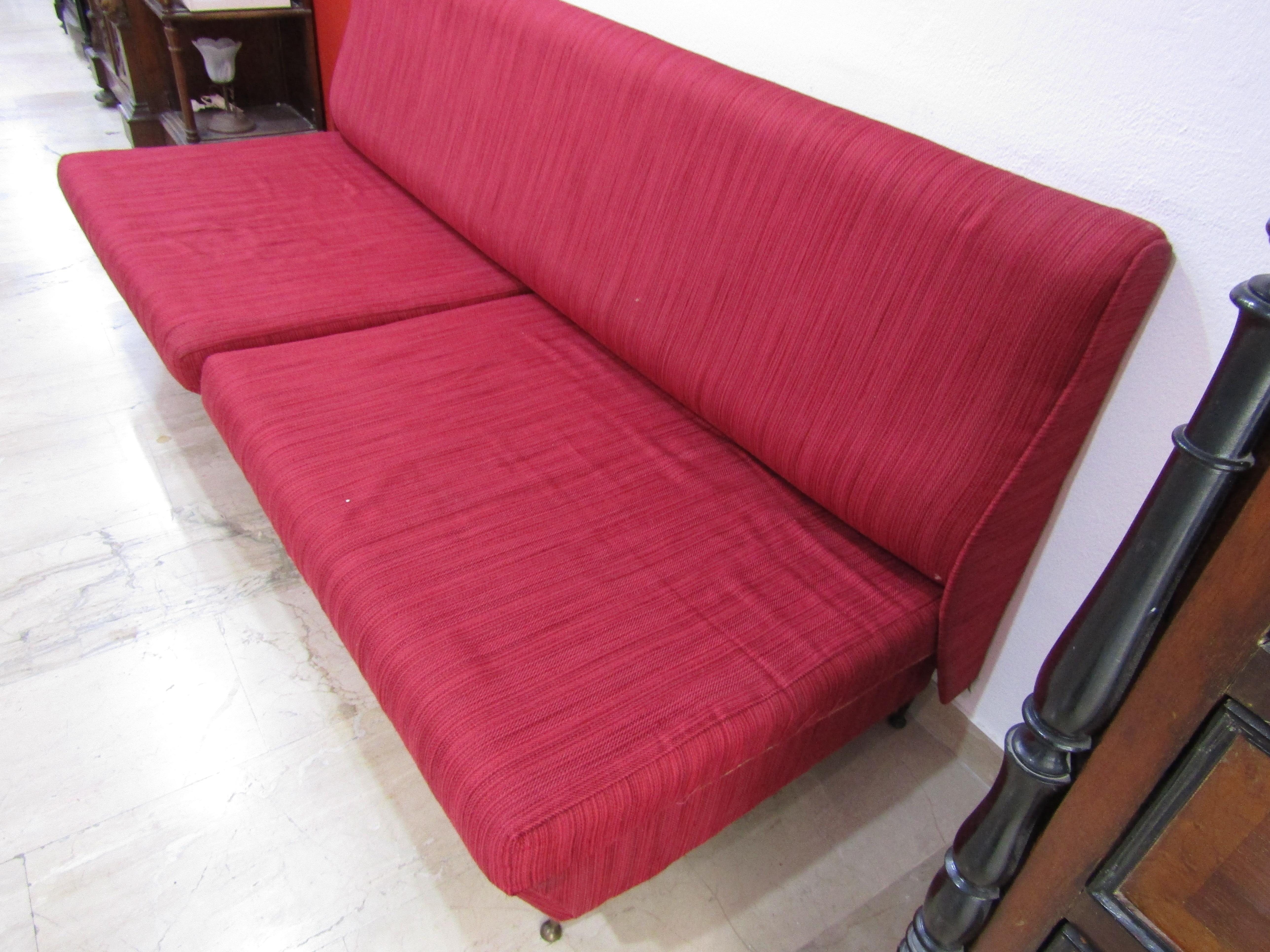 midcentury  Red Italian Design Fabric Marco Zanuso Style Sofa, 1950 For Sale 1