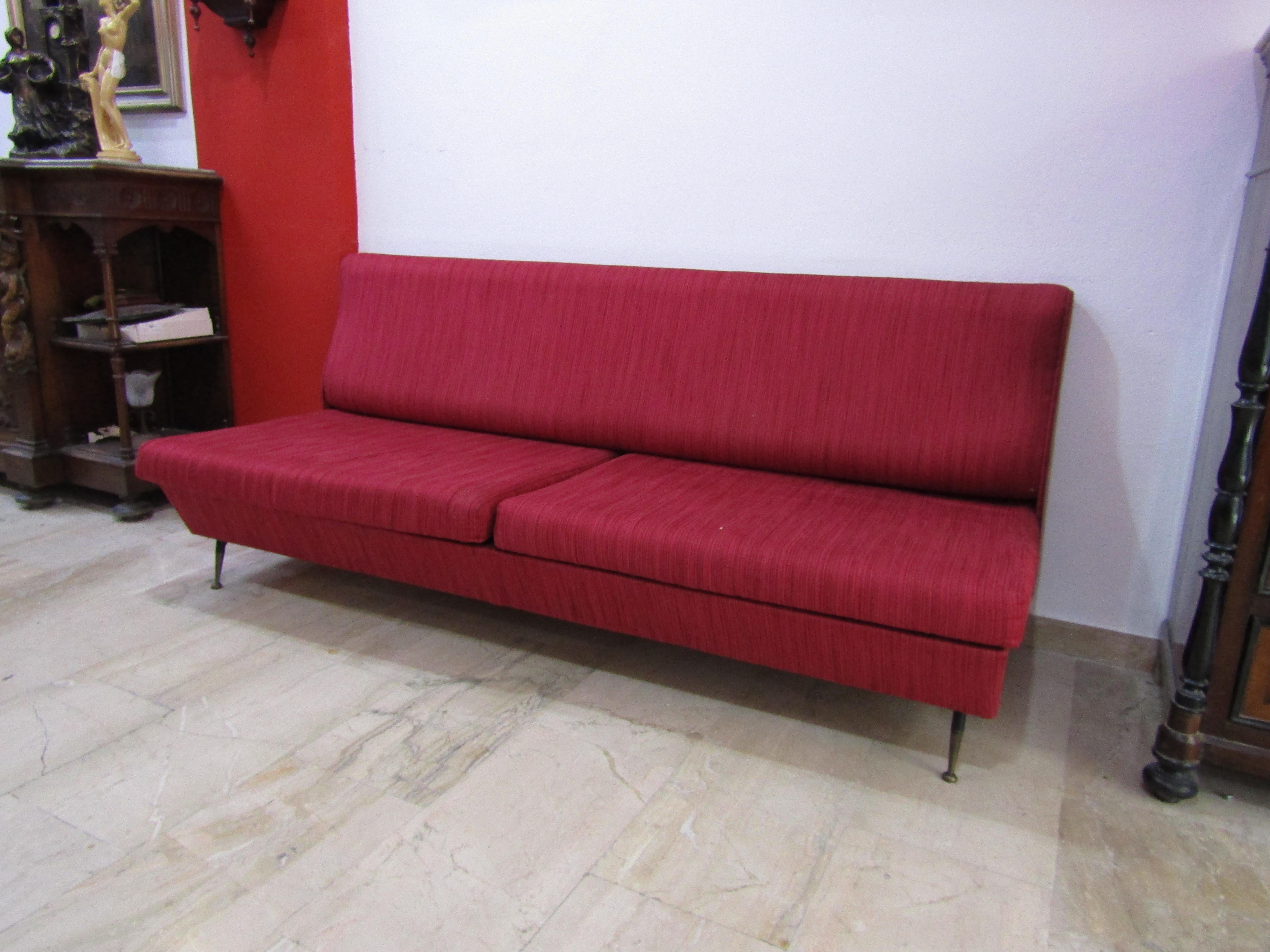 midcentury  Red Italian Design Fabric Marco Zanuso Style Sofa, 1950 For Sale 2