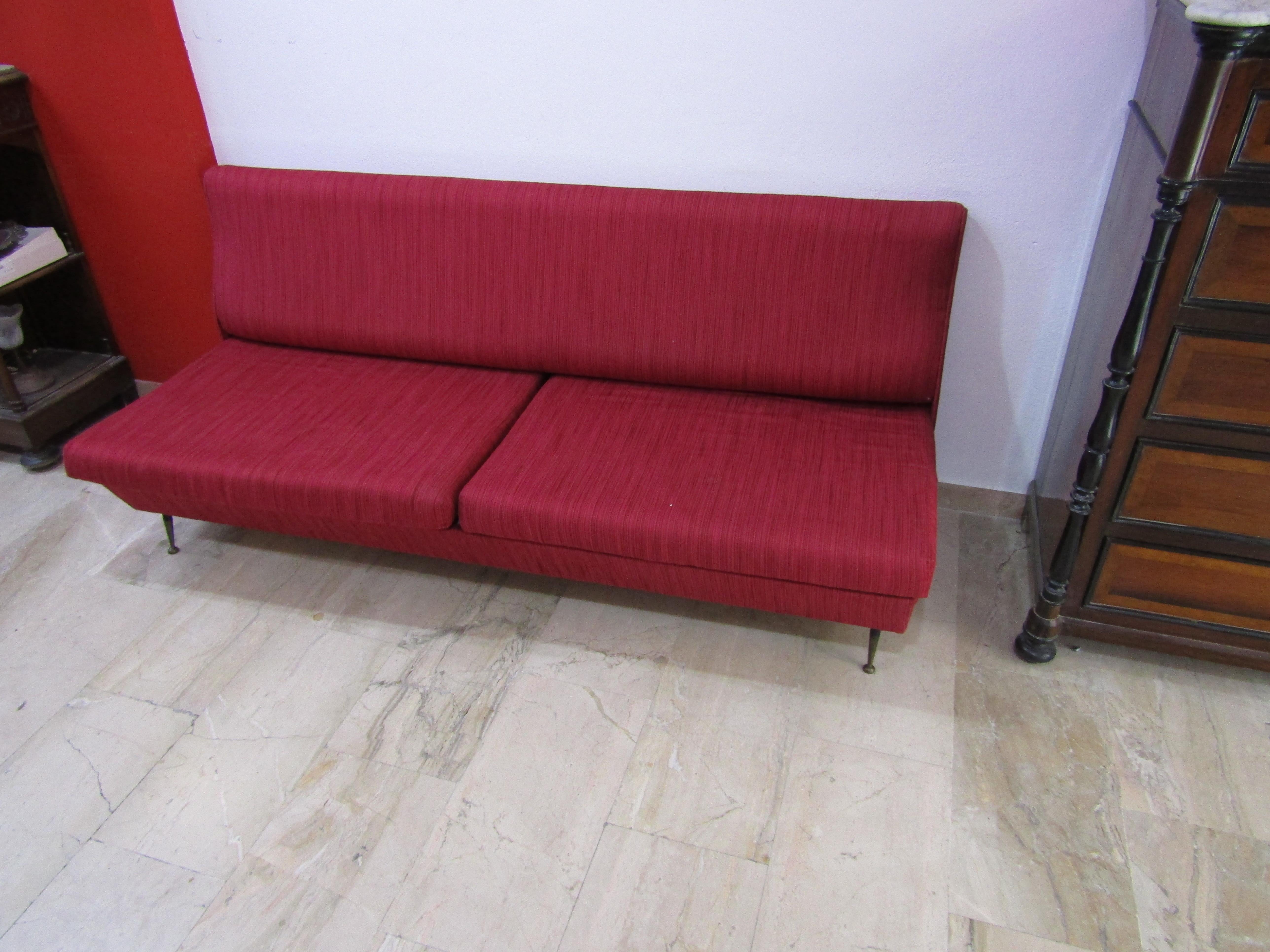 midcentury  Red Italian Design Fabric Marco Zanuso Style Sofa, 1950 For Sale 3