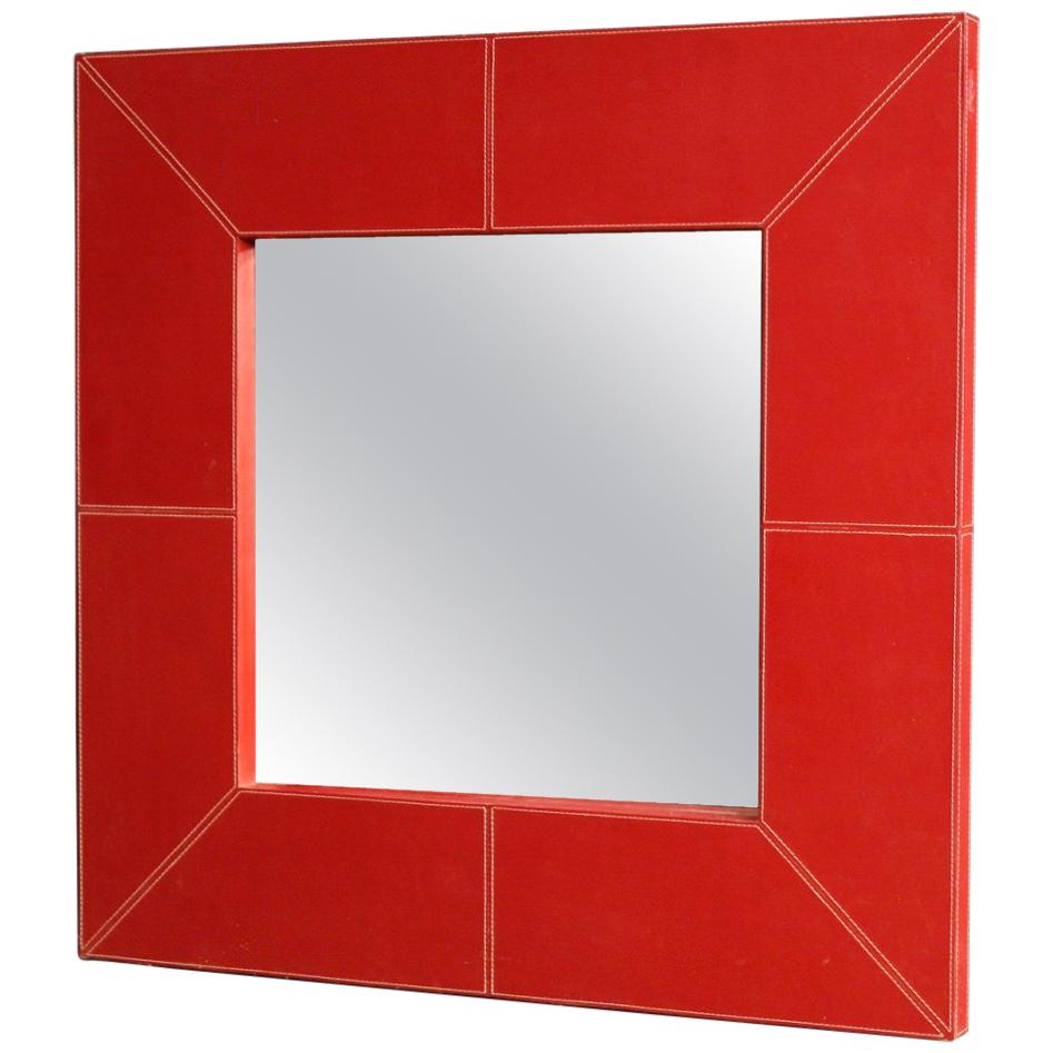 Miroir de design italien en simili cuir rouge du 20ème siècle, 1980