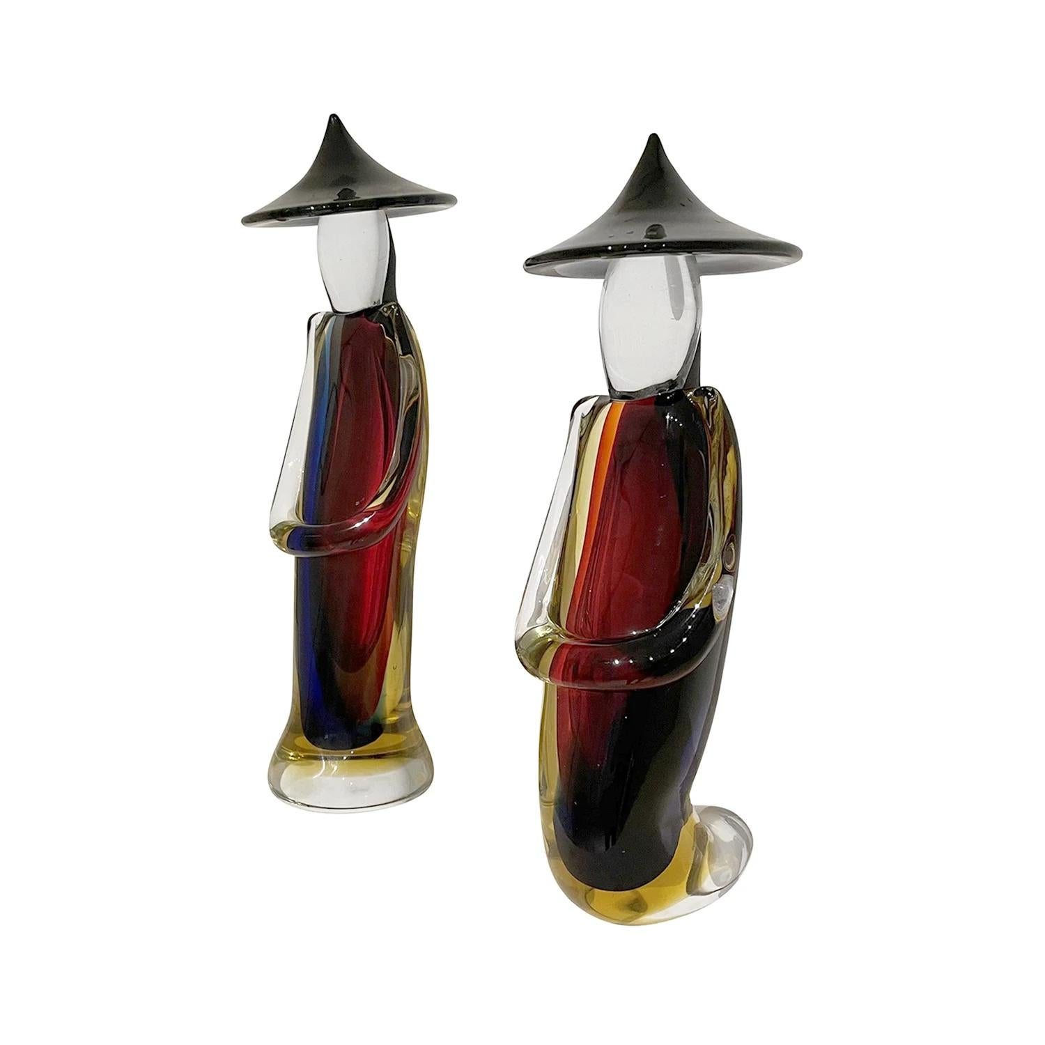 Mid-Century Modern 20th Century Red Italian Pair of Large Smoked Murano Glass Japanese Farmers For Sale