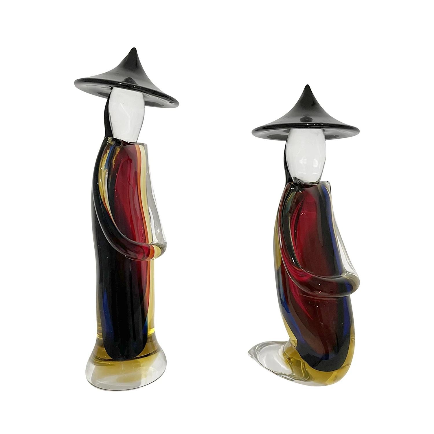 Hand-Crafted 20th Century Red Italian Pair of Large Smoked Murano Glass Japanese Farmers For Sale