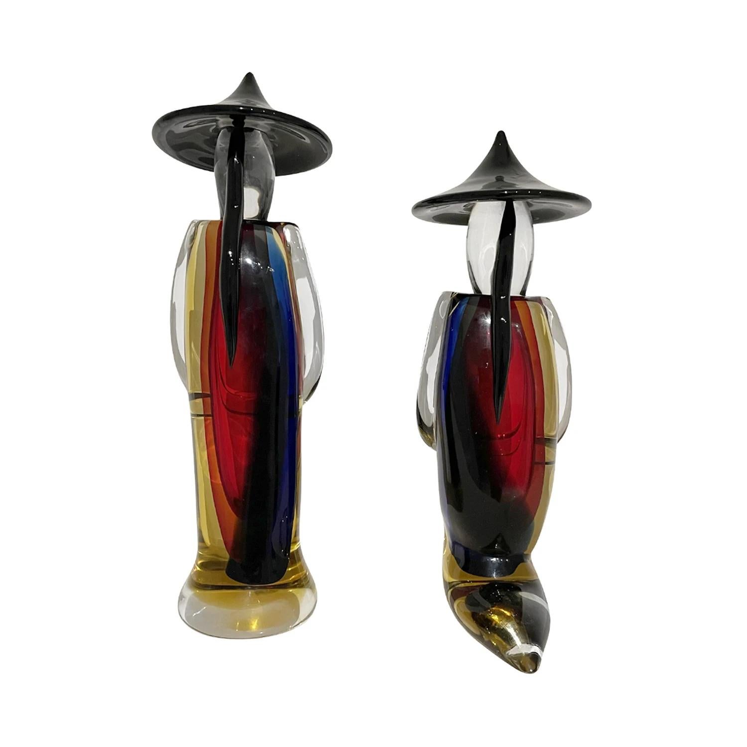 20th Century Red Italian Pair of Large Smoked Murano Glass Japanese Farmers In Good Condition For Sale In West Palm Beach, FL