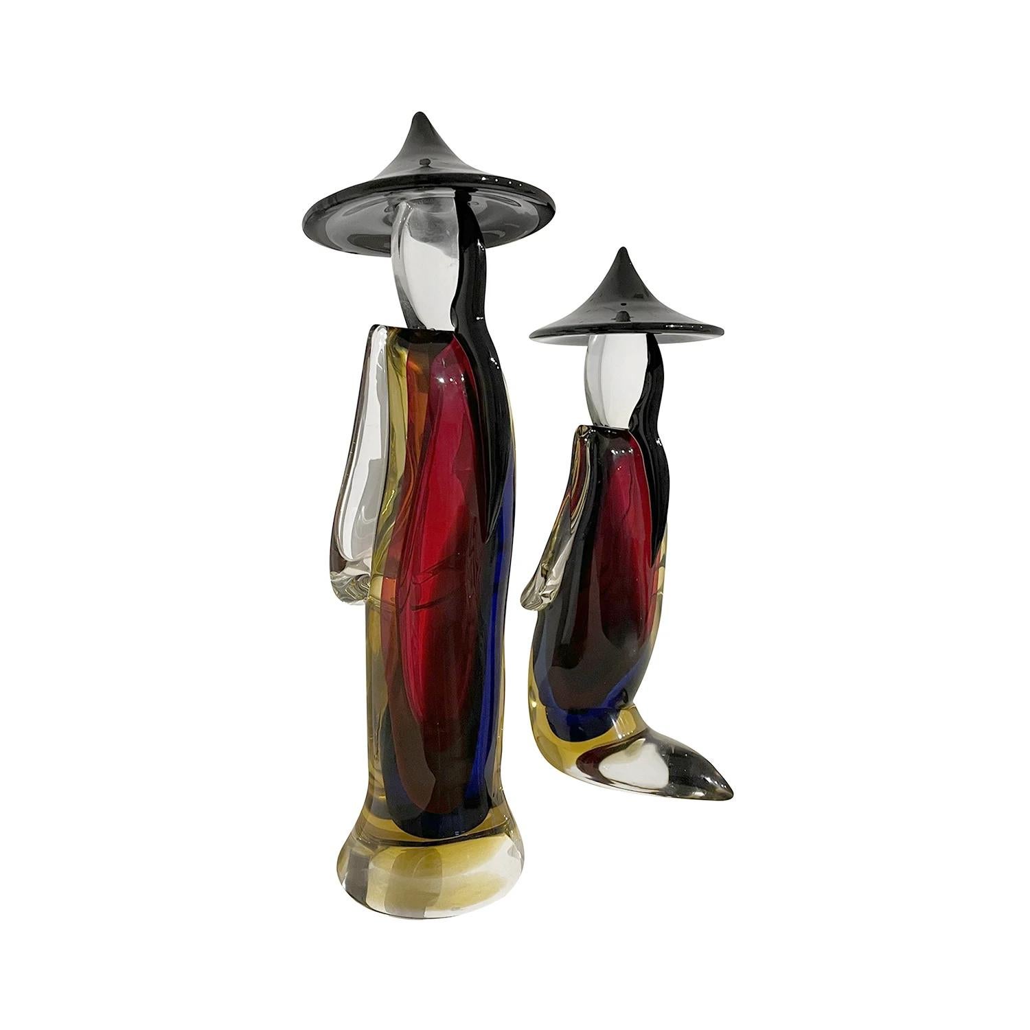 Smoked Glass 20th Century Red Italian Pair of Large Smoked Murano Glass Japanese Farmers For Sale