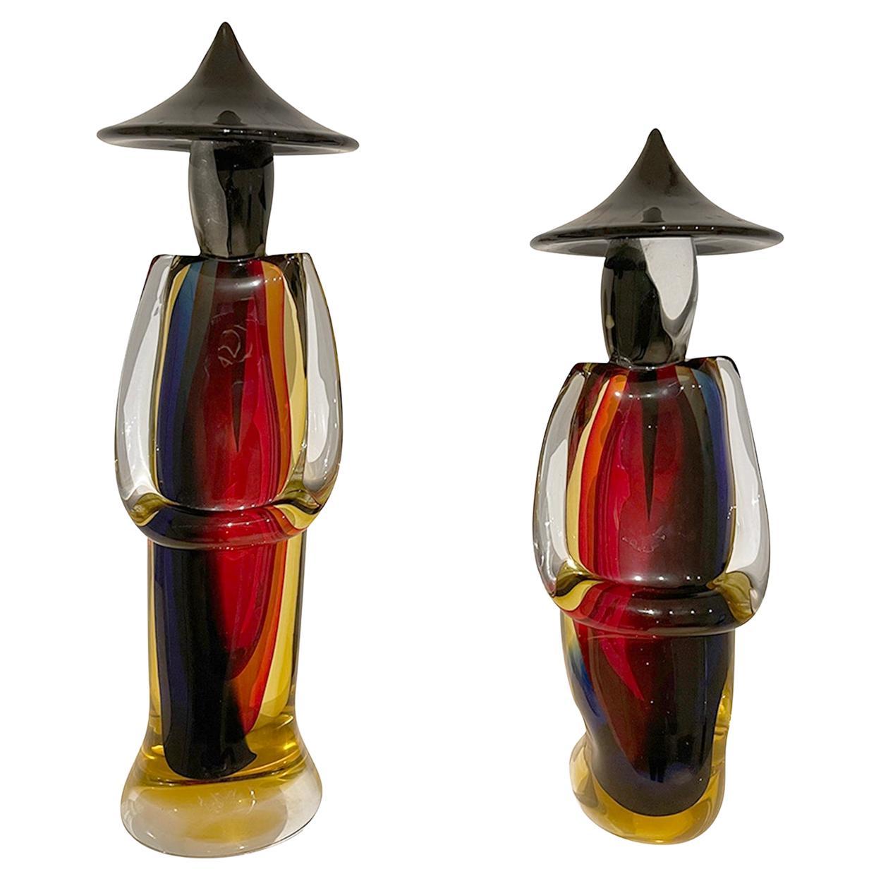 20th Century Red Italian Pair of Large Smoked Murano Glass Japanese Farmers For Sale