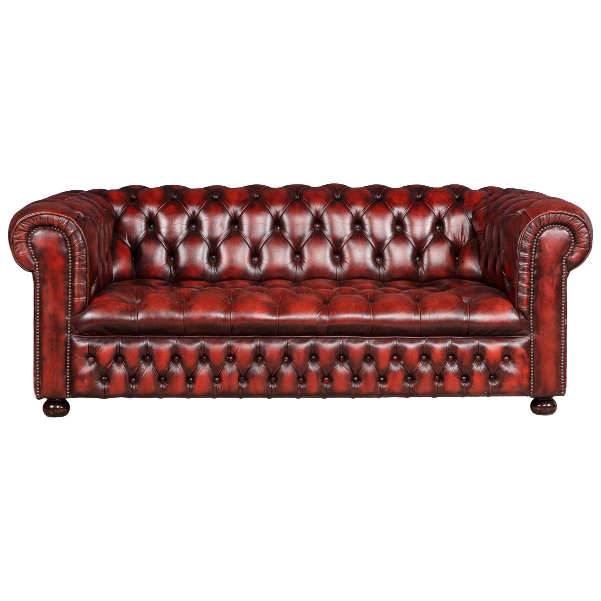 20th Century Red Leather Chesterfield Sofa with Button Down Seat, circa 1970