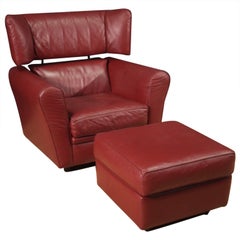 20th Century Red Leather Italian Armchair with Footstool Zanotta, 1980