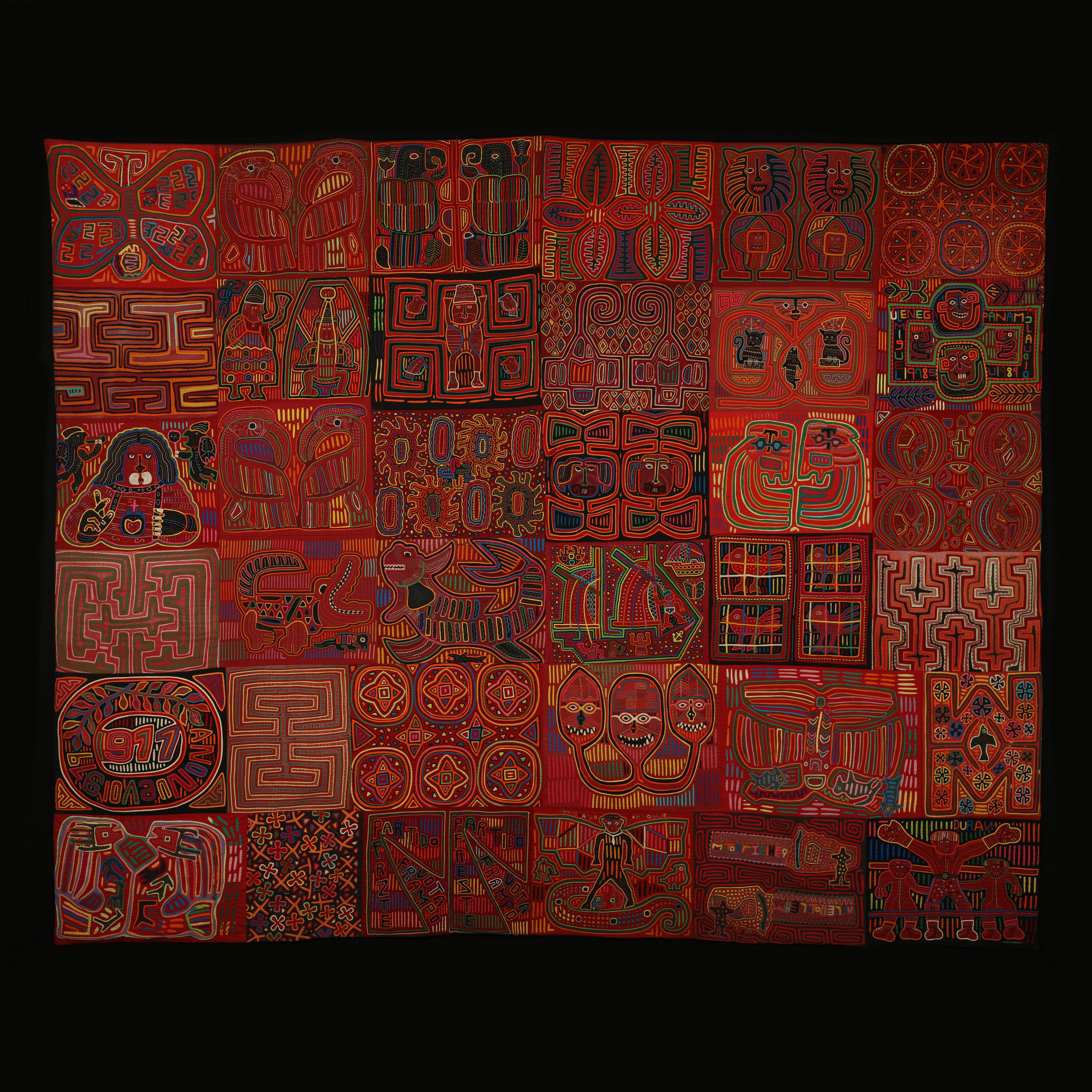 20th century Mola quilt, Kuna People, San Blas Islands, Panama

This large quilt is composed of thirty-six molas, including some depicting various animals and sea creatures, Jesus Christ, some boxers, ships, insects, and traditional abstract motifs.