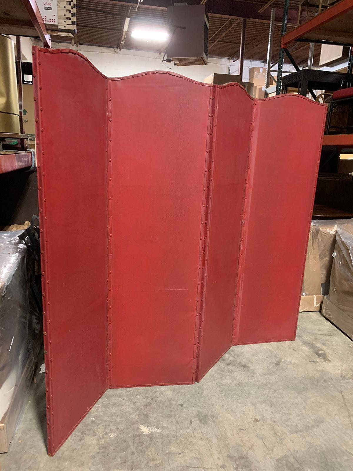 Hand-Painted 20th Century Red Painted Four-Panel Screen