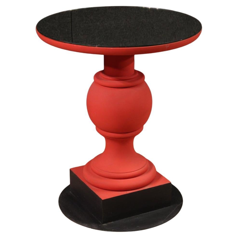 20th Century Red Painted Wood Mirror Top Italian Modern Round Side Table, 1970