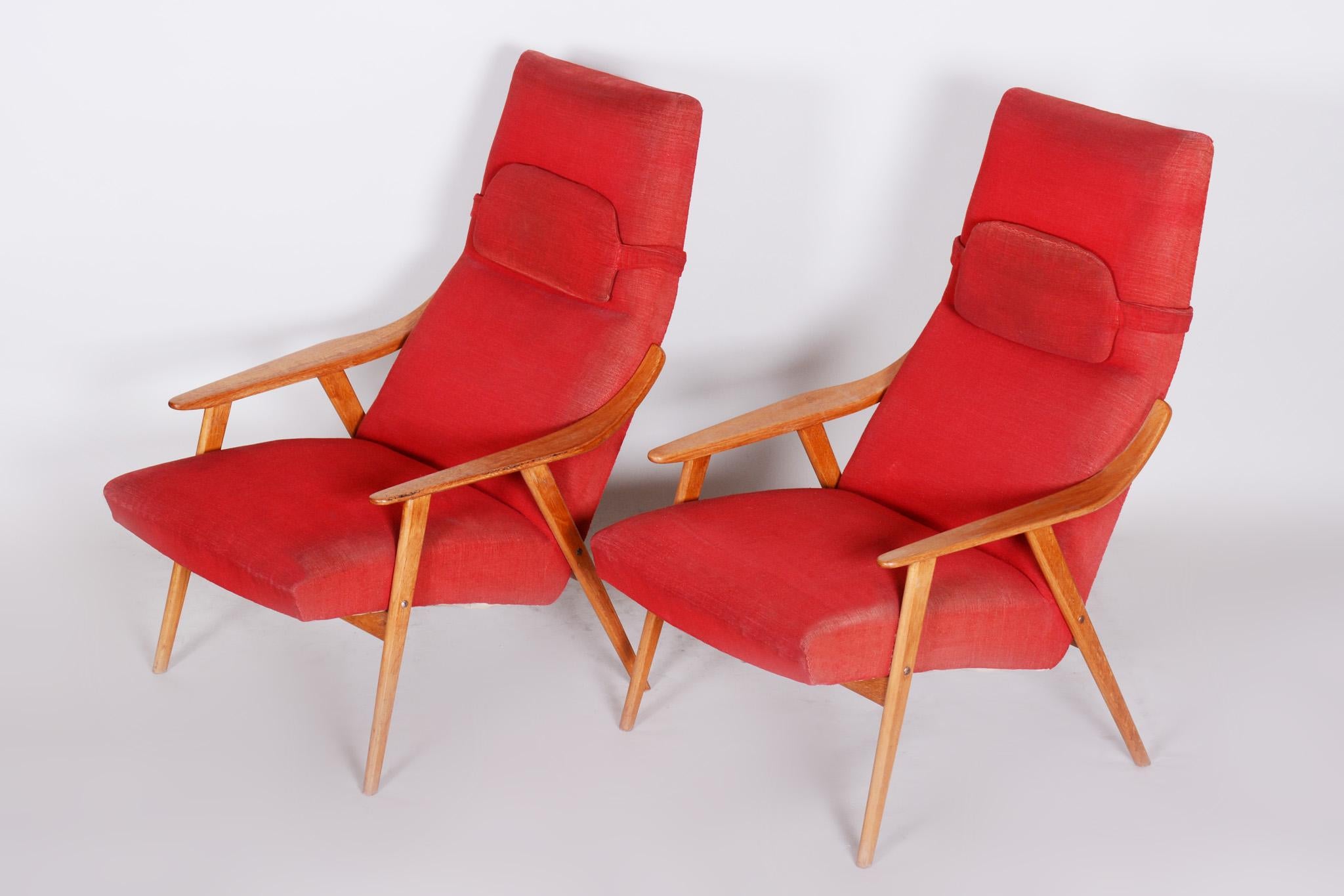 Mid-Century Modern 20th Century, Red Pair of Midcentury Oak Armchairs, Czechia, 1950s