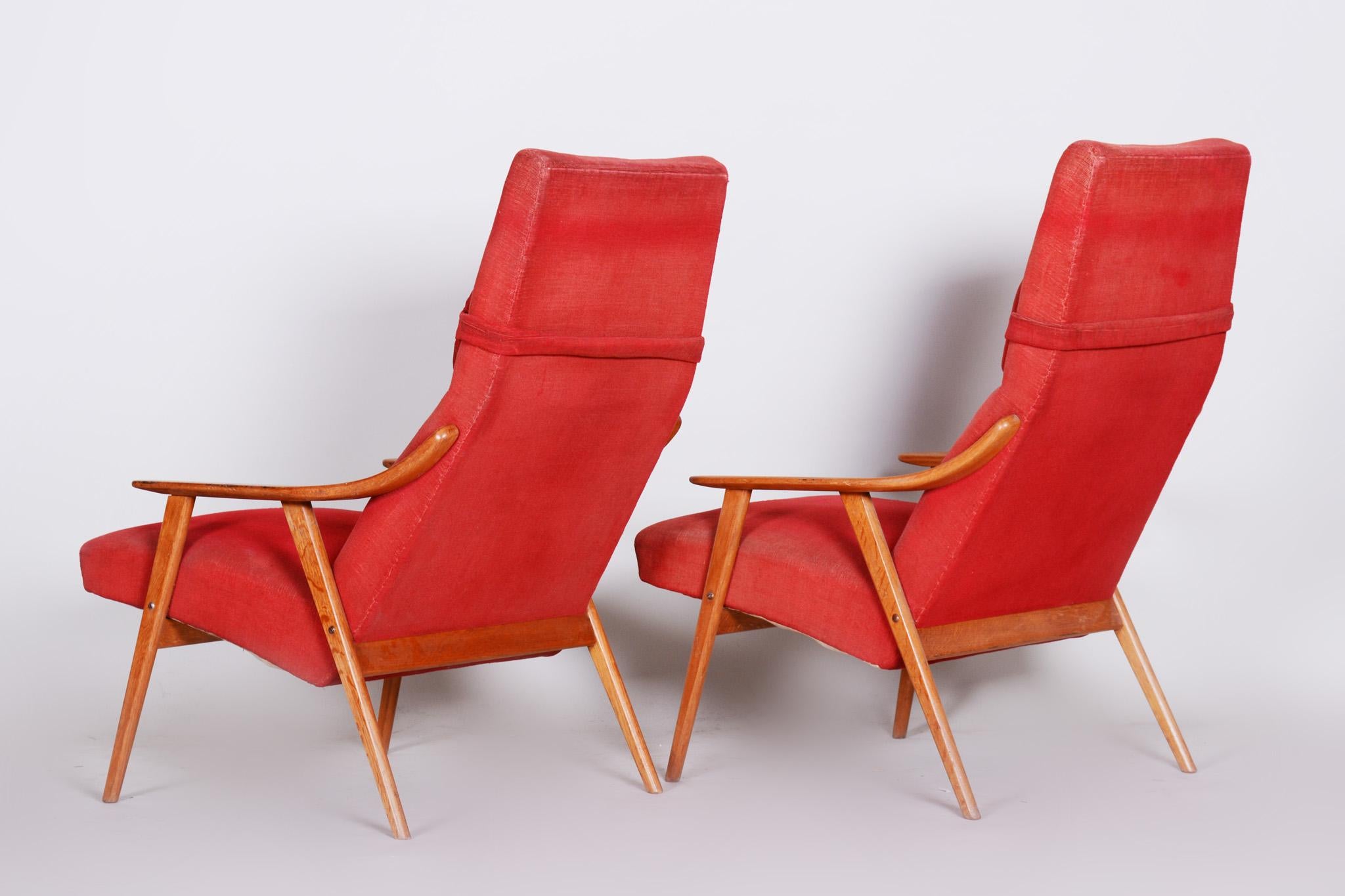 Fabric 20th Century, Red Pair of Midcentury Oak Armchairs, Czechia, 1950s