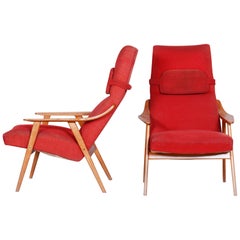 20th Century, Red Pair of Midcentury Oak Armchairs, Czechia, 1950s