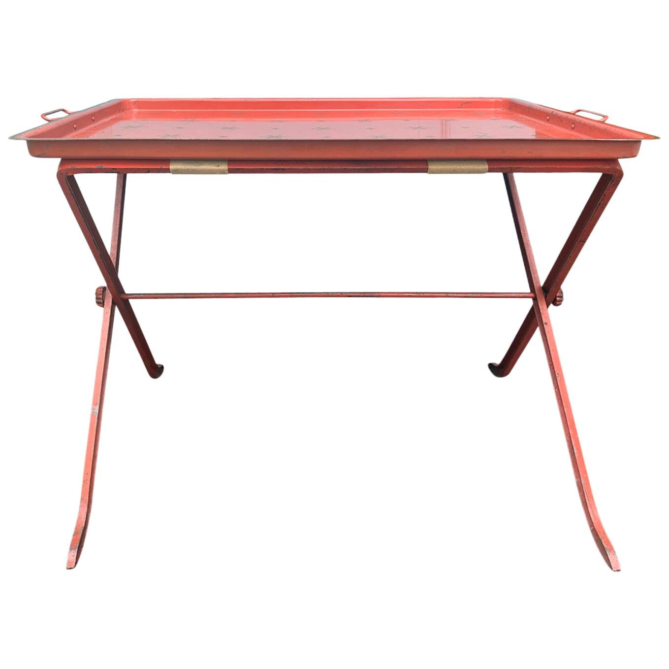 20th Century Red Tole Tray on Stand with Star Detail For Sale