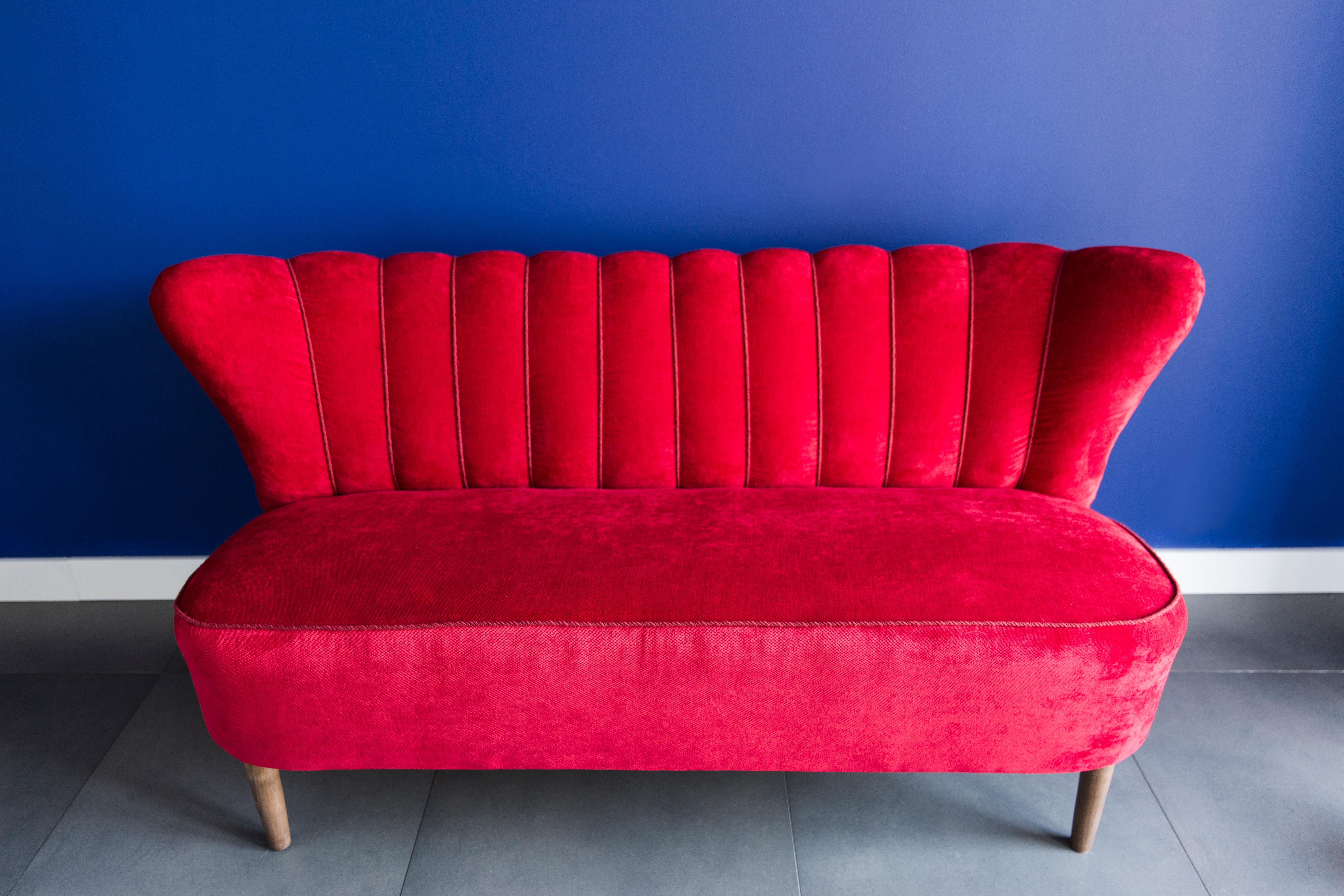 Beautiful club sofa from the 1960s, produced in Germany - at the moment they are unique. Due to their dimensions, they perfectly blend in even in small apartments providing comfort and beautiful decoration. Covered with high-quality velvet fabric, a