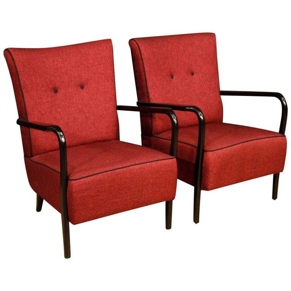 20th Century Red Wood and Fabric Italian Design Cassina Pair of Armchairs, 1950