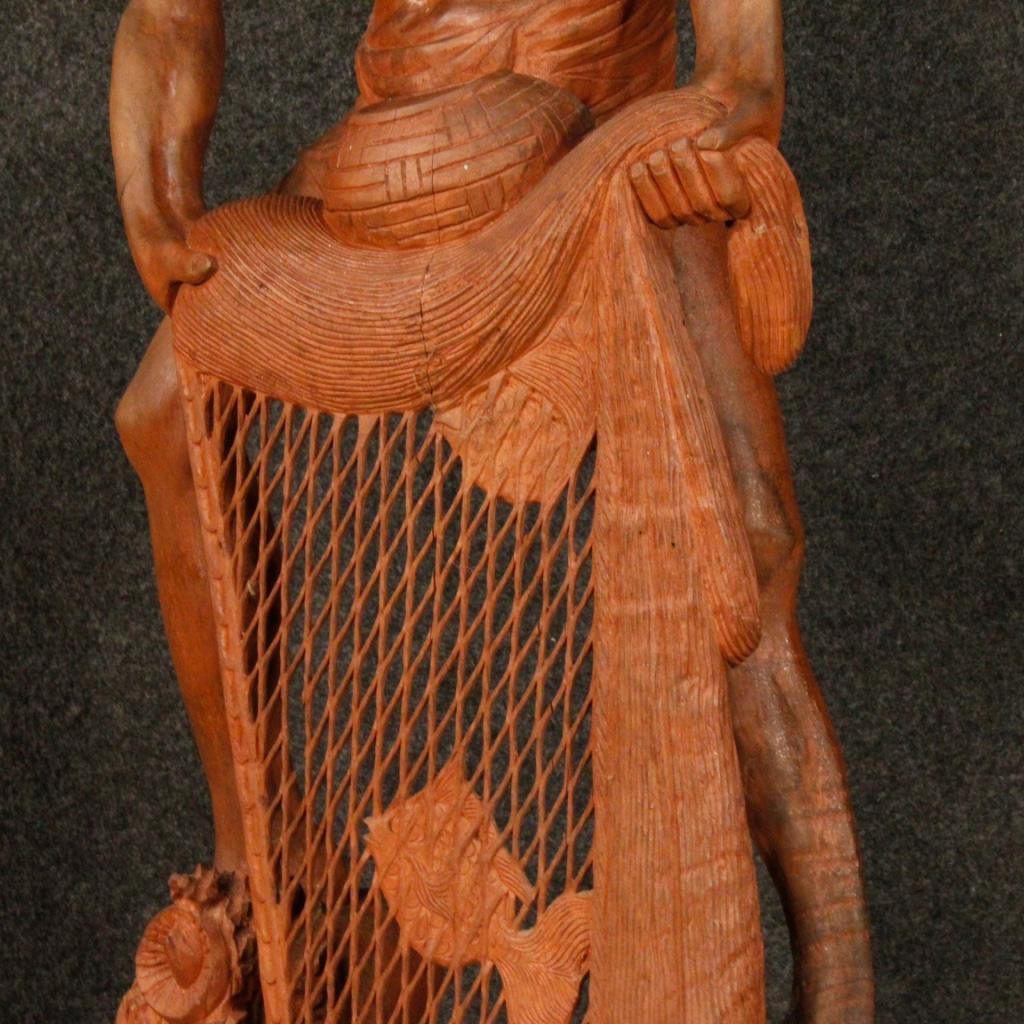 Asian 20th Century Red Wood Oriental Fisherman Sculpture Statue, 1960