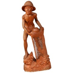 20th Century Red Wood Oriental Fisherman Sculpture Statue, 1960