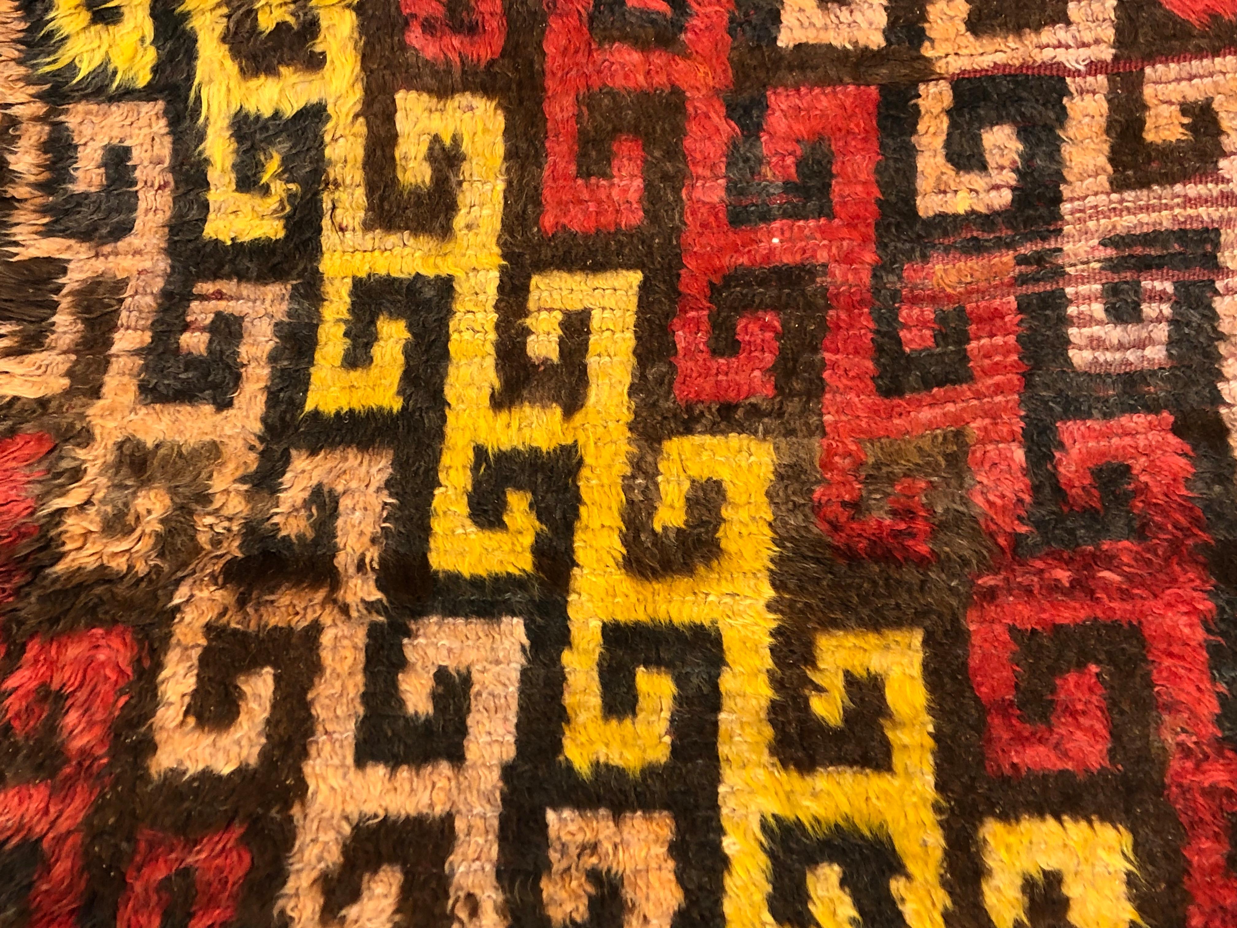 Hand-Knotted 20th Century Red Yellow Brown Turkish Tulu High Wool Rug, 1950s For Sale