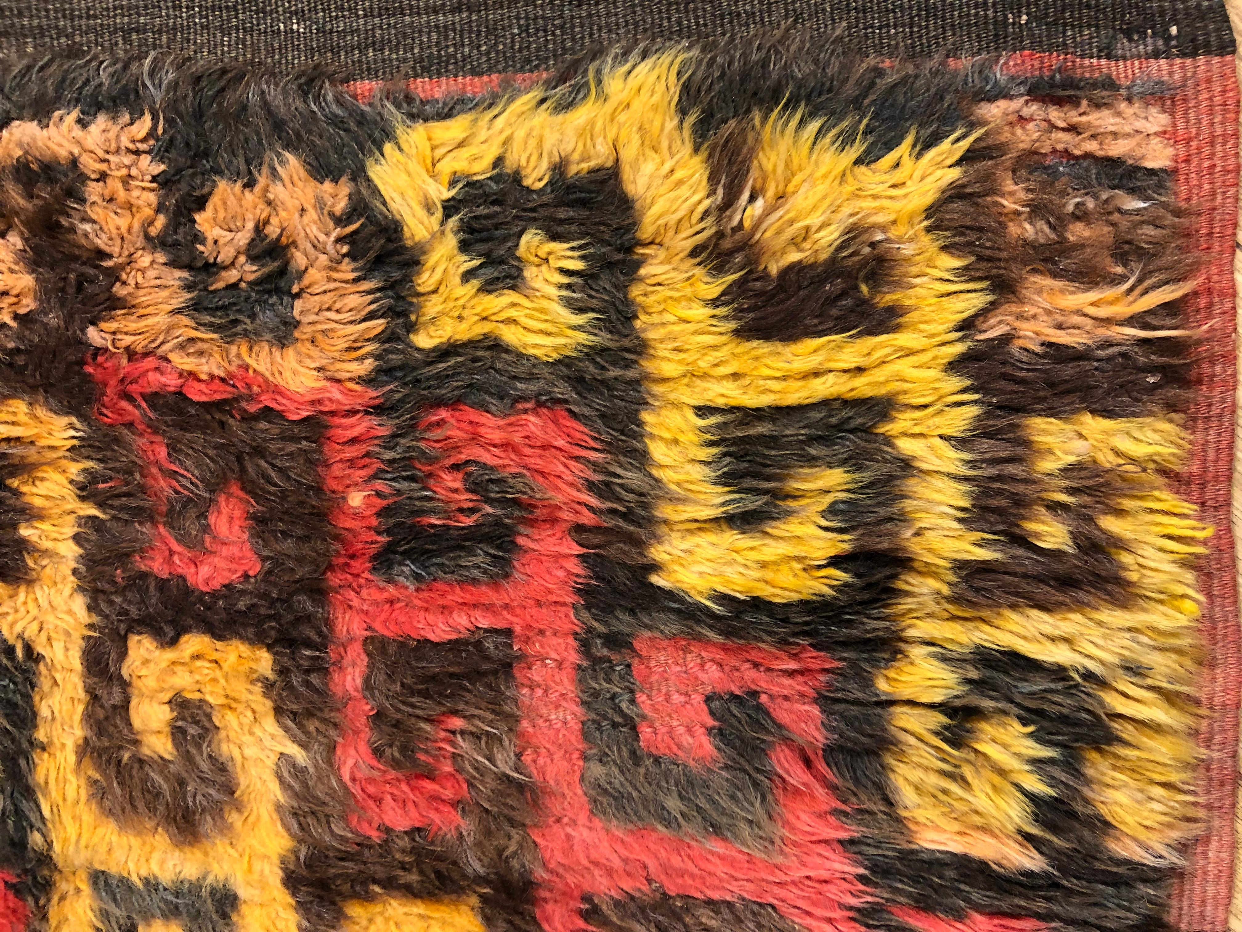20th Century Red Yellow Brown Turkish Tulu High Wool Rug, 1950s For Sale 2