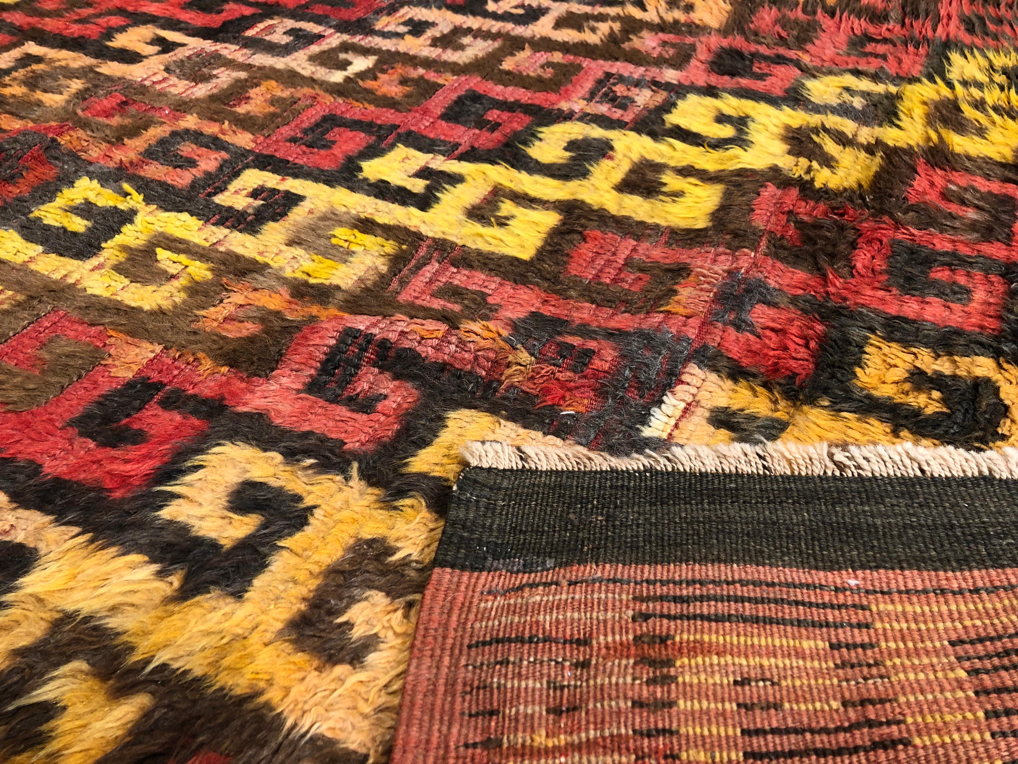 20th Century Red Yellow Brown Turkish Tulu High Wool Rug, 1950s For Sale 3