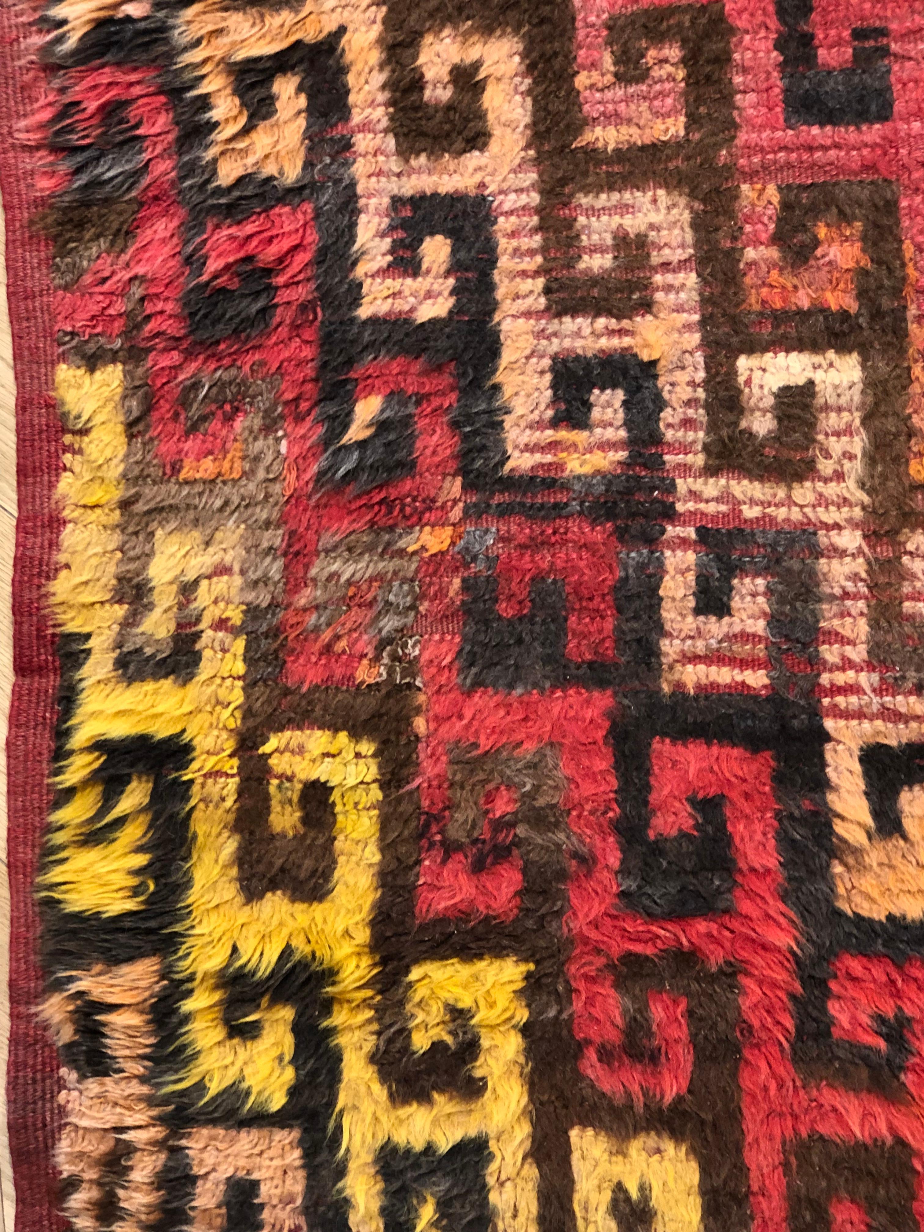 20th Century Red Yellow Brown Turkish Tulu High Wool Rug, 1950s For Sale 5