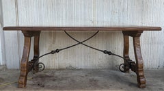 20th Century Refectory Spanish Table with Lyre Legs and Iron Stretch