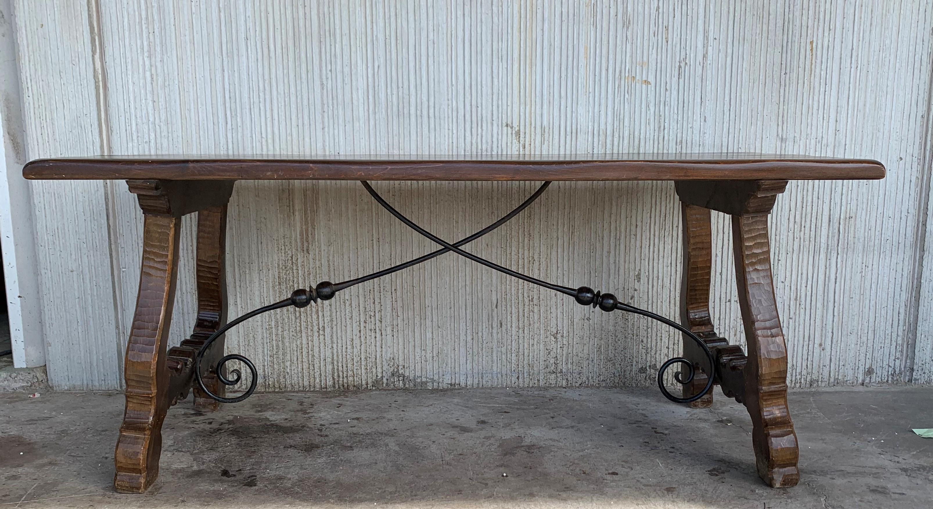 Baroque 20th Century Refectory Spanish Table with Lyre Legs and Iron Stretch