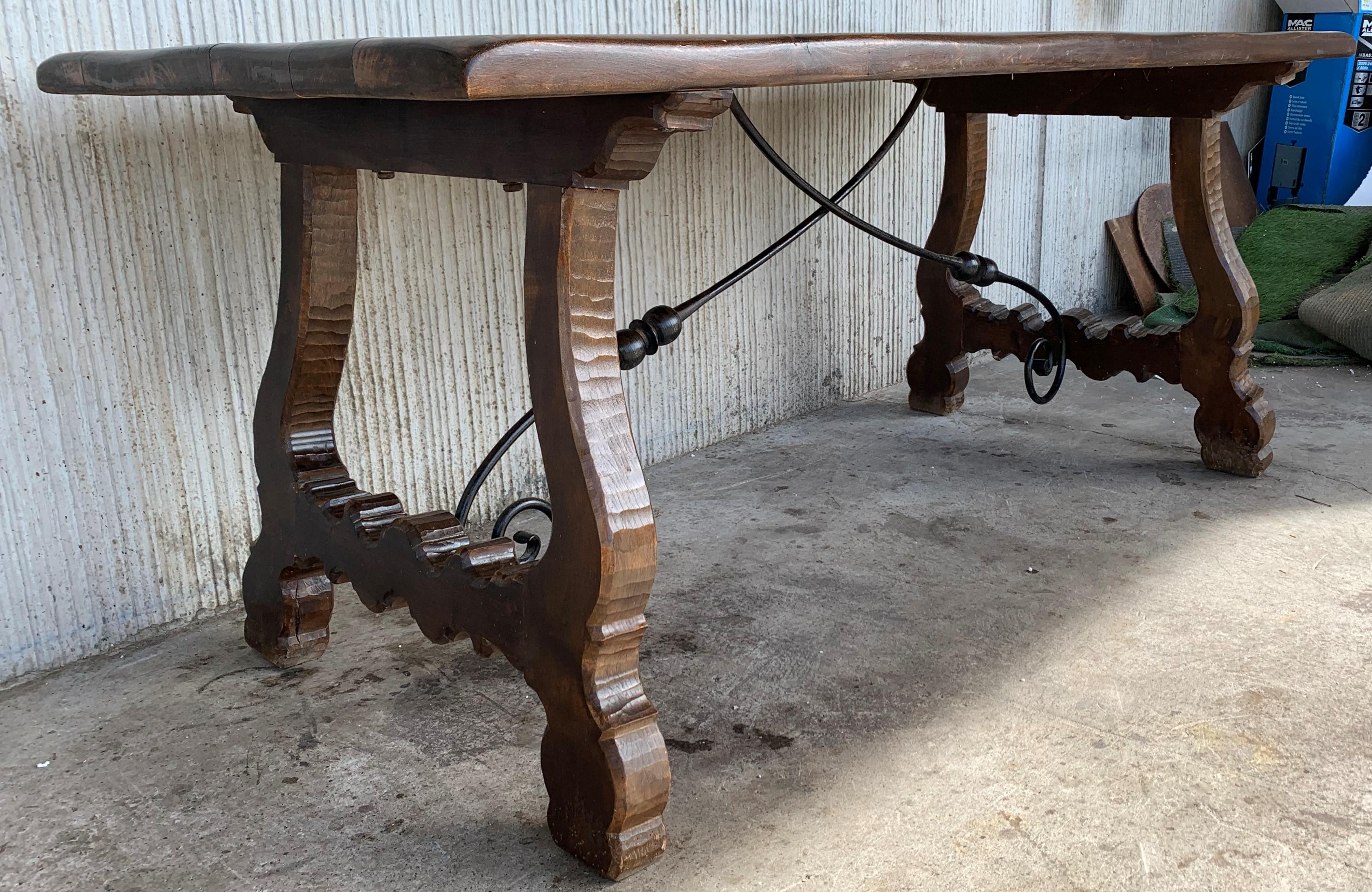 20th Century Refectory Spanish Table with Lyre Legs and Iron Stretch 2